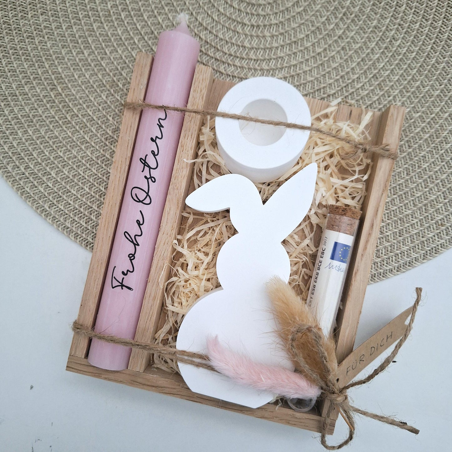 Ostern Geldgeschenk Ostergeschenk Hase mit Knickohr Kerzenhalter rund Geschenkset Gutschein Kerzenset Stabkerze Kerzenbox Mitbringsel