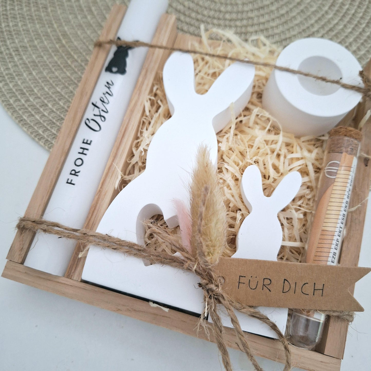 Ostern Geldgeschenk Ostergeschenk Hase mit Herz groß und klein Kerzenhalter rund Geschenkset Gutschein Kerzenset Stabkerze Kerzenbox