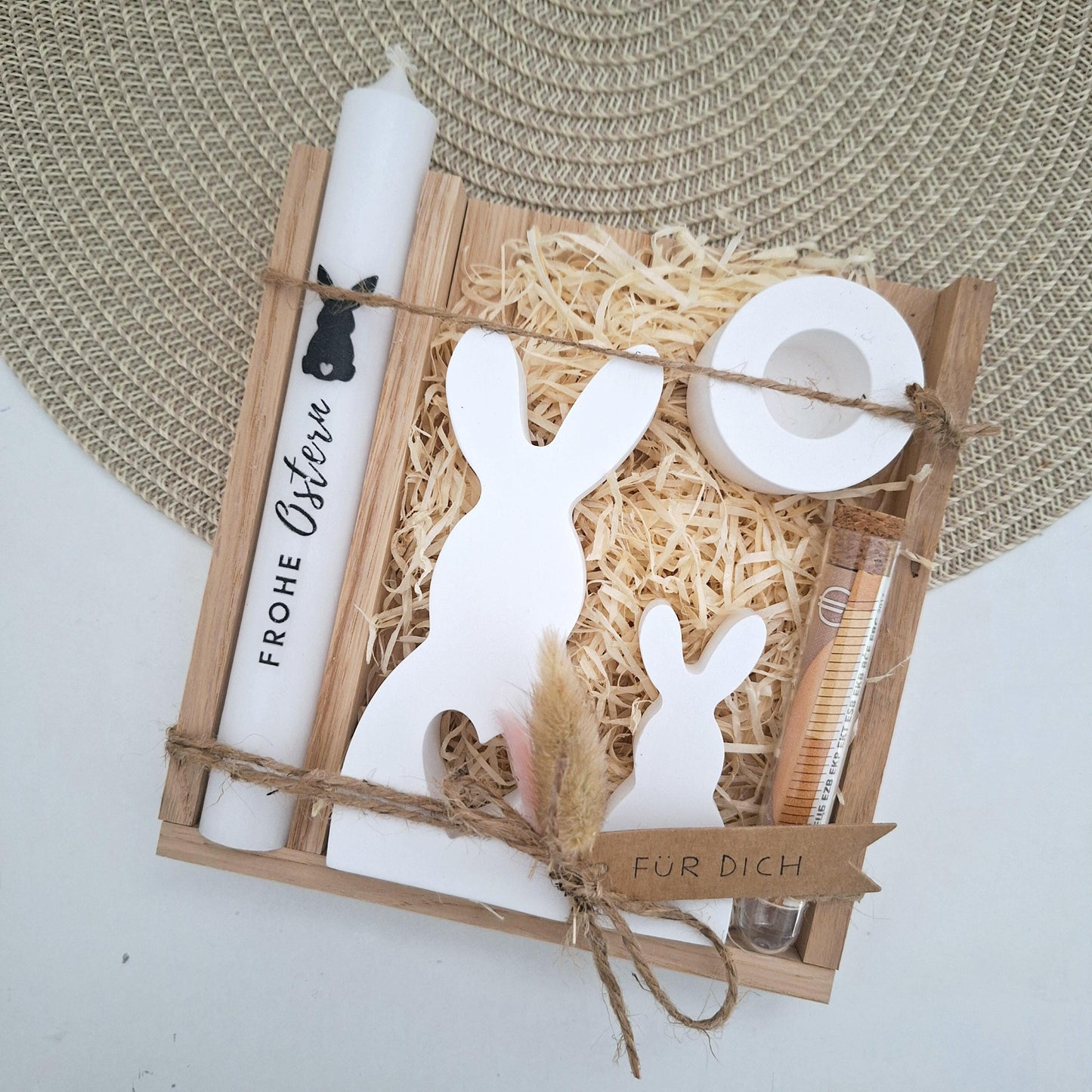 Ostern Geldgeschenk Ostergeschenk Hase mit Herz groß und klein Kerzenhalter rund Geschenkset Gutschein Kerzenset Stabkerze Kerzenbox