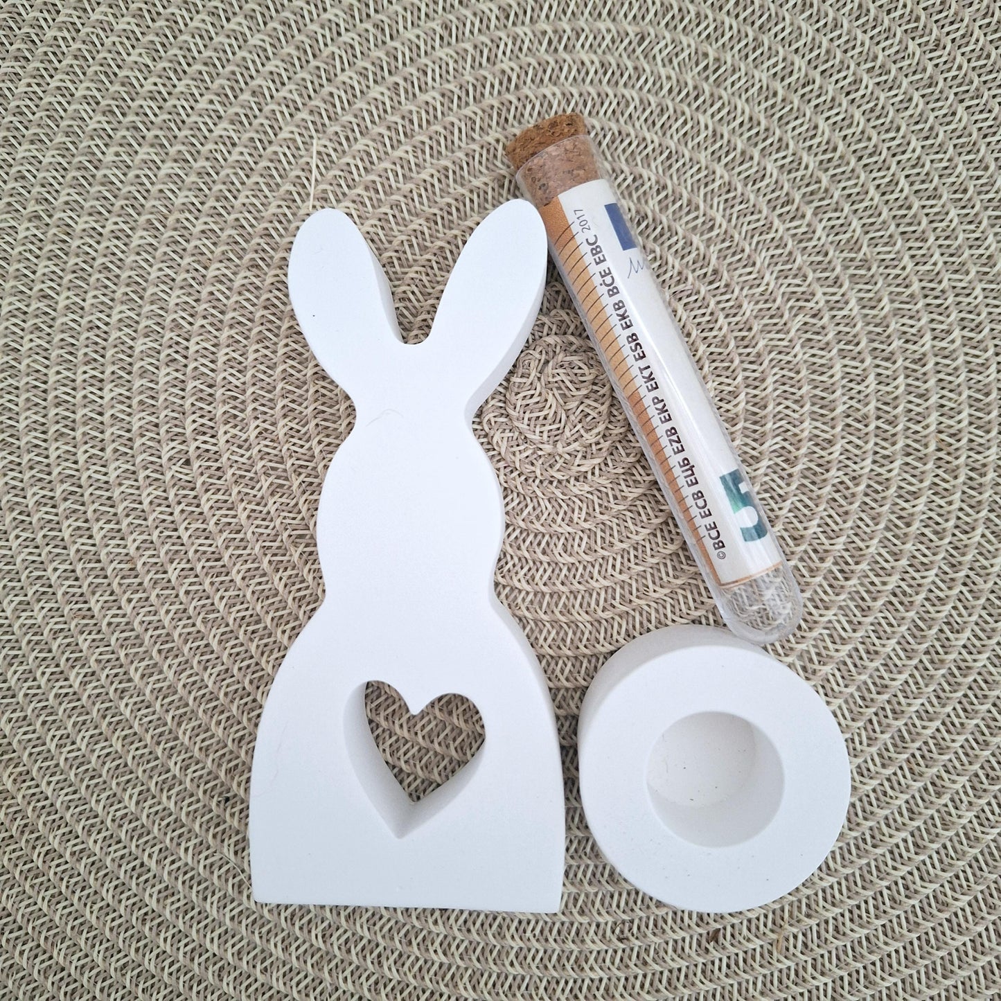 Ostern Geldgeschenk Ostergeschenk Hase mit Herz groß Kerzenhalter rund Geschenkset Gutschein Kerzenset Stabkerze Kerzenbox Mitbringsel
