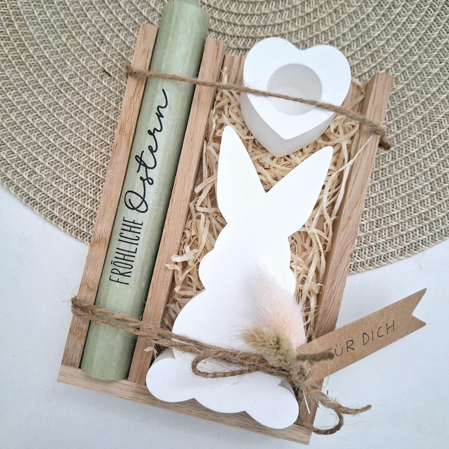 Ostern Geschenkset Ostergeschenk Hasen Silhouette Kerzenhalter Herz Kerzenset Stabkerze Kerzenbox Holzbox Mitbringsel