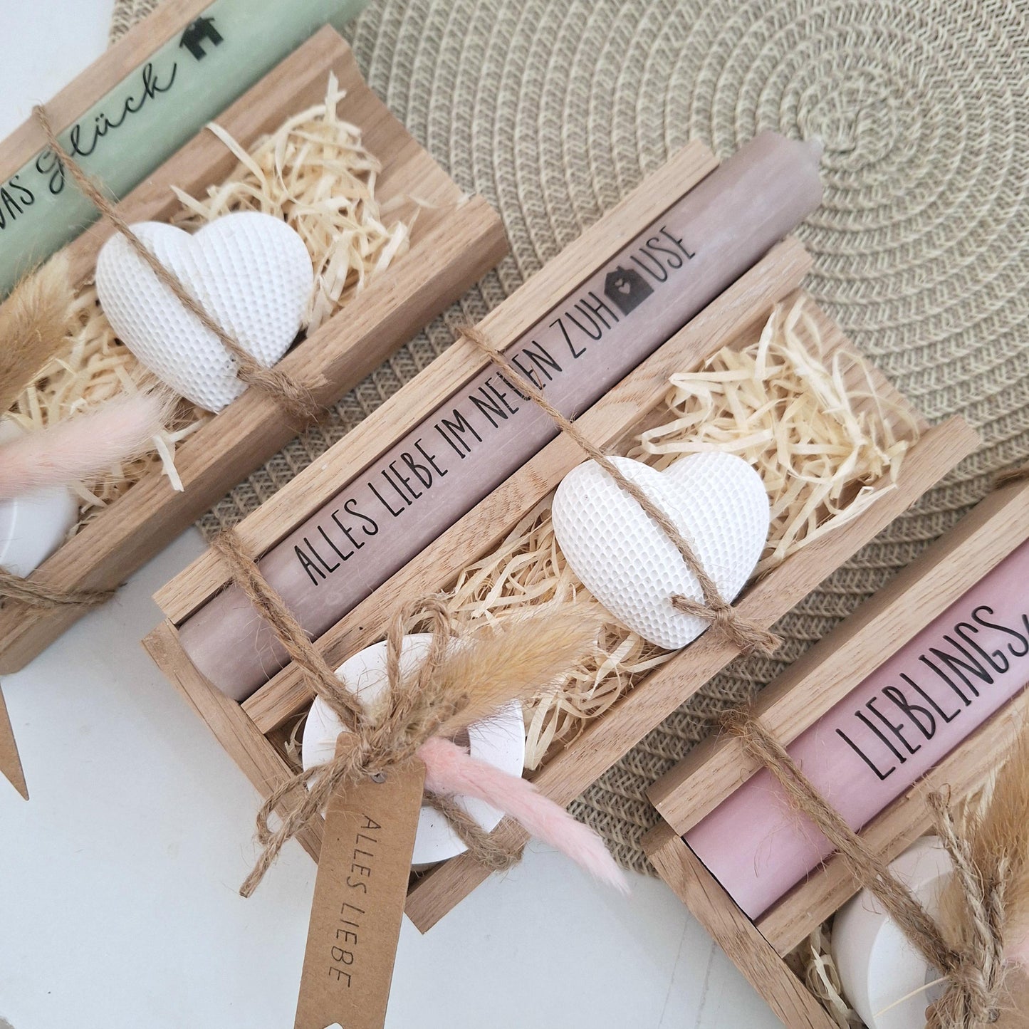 Einzugsgeschenk Einweihungsgeschenk Geschenkset zum Umzug Einzug Dekoherz Kerzenhalter rund Kerzenset zum Hauskauf Richtfest Stabkerze