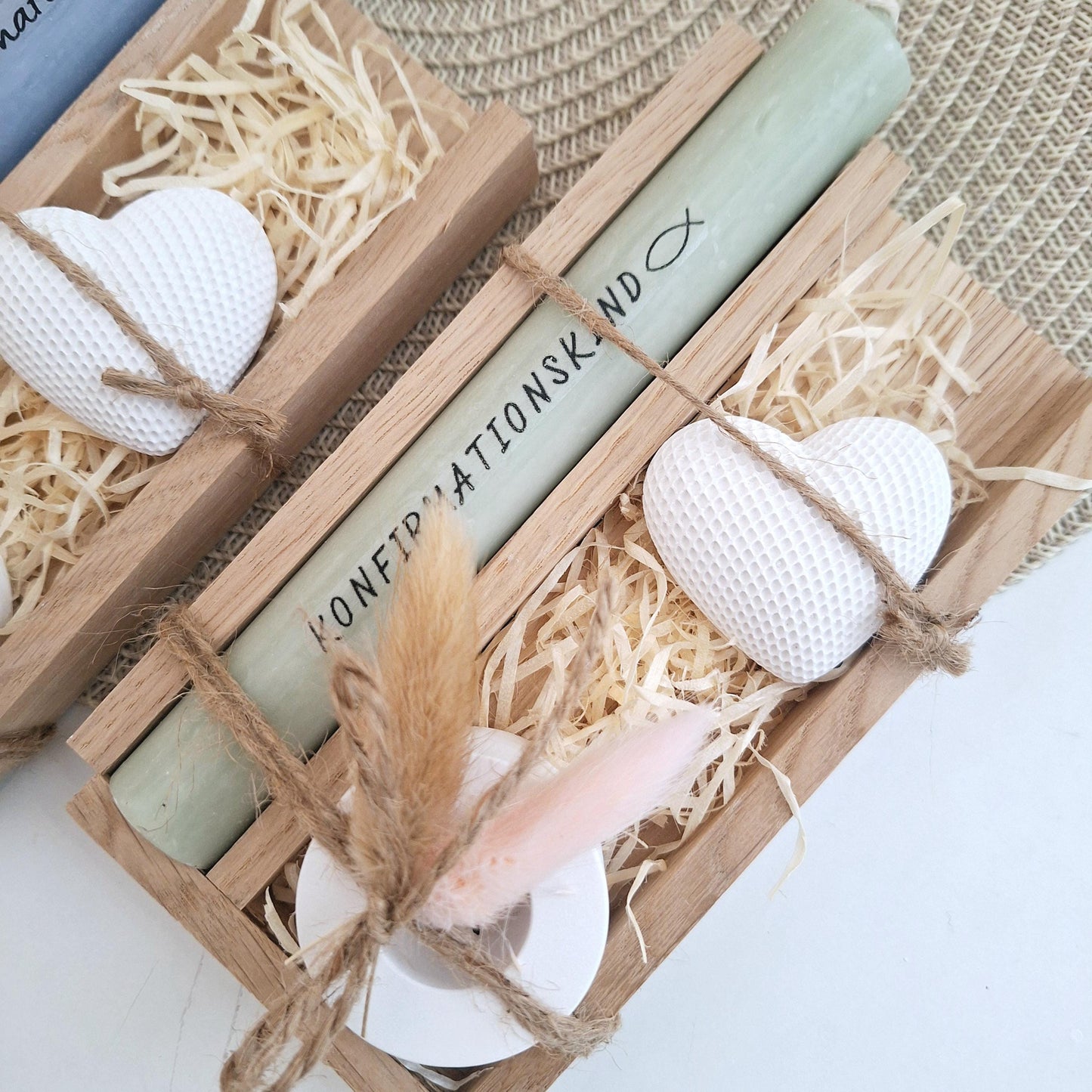 Konfirmation Konfirmationsgeschenk mit Dekoherz und Kerzenhalter rund Geschenkset für Jungen und Mädchen Konfirmationskerze Kerzenset