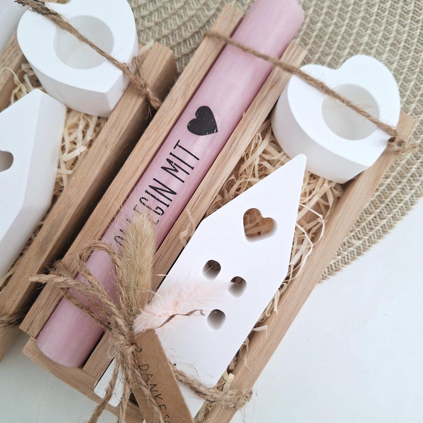 Kollegin mit Herz Kollege Geschenk Geschenkset Dankeschön Haus / Lichthaus Kerzenhalter Herz Kerzenset Geschenkset Stabkerze Holzbox