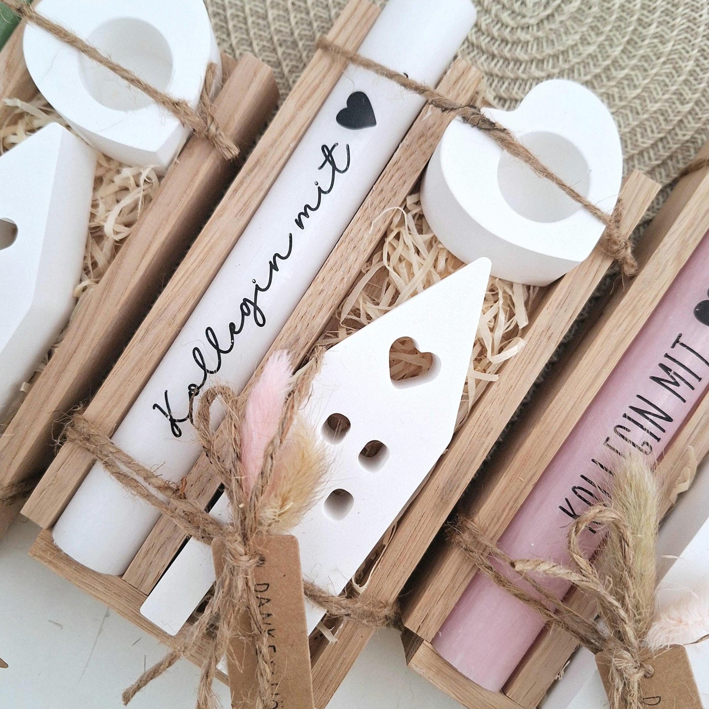 Kollegin mit Herz Kollege Geschenk Geschenkset Dankeschön Haus / Lichthaus Kerzenhalter Herz Kerzenset Geschenkset Stabkerze Holzbox