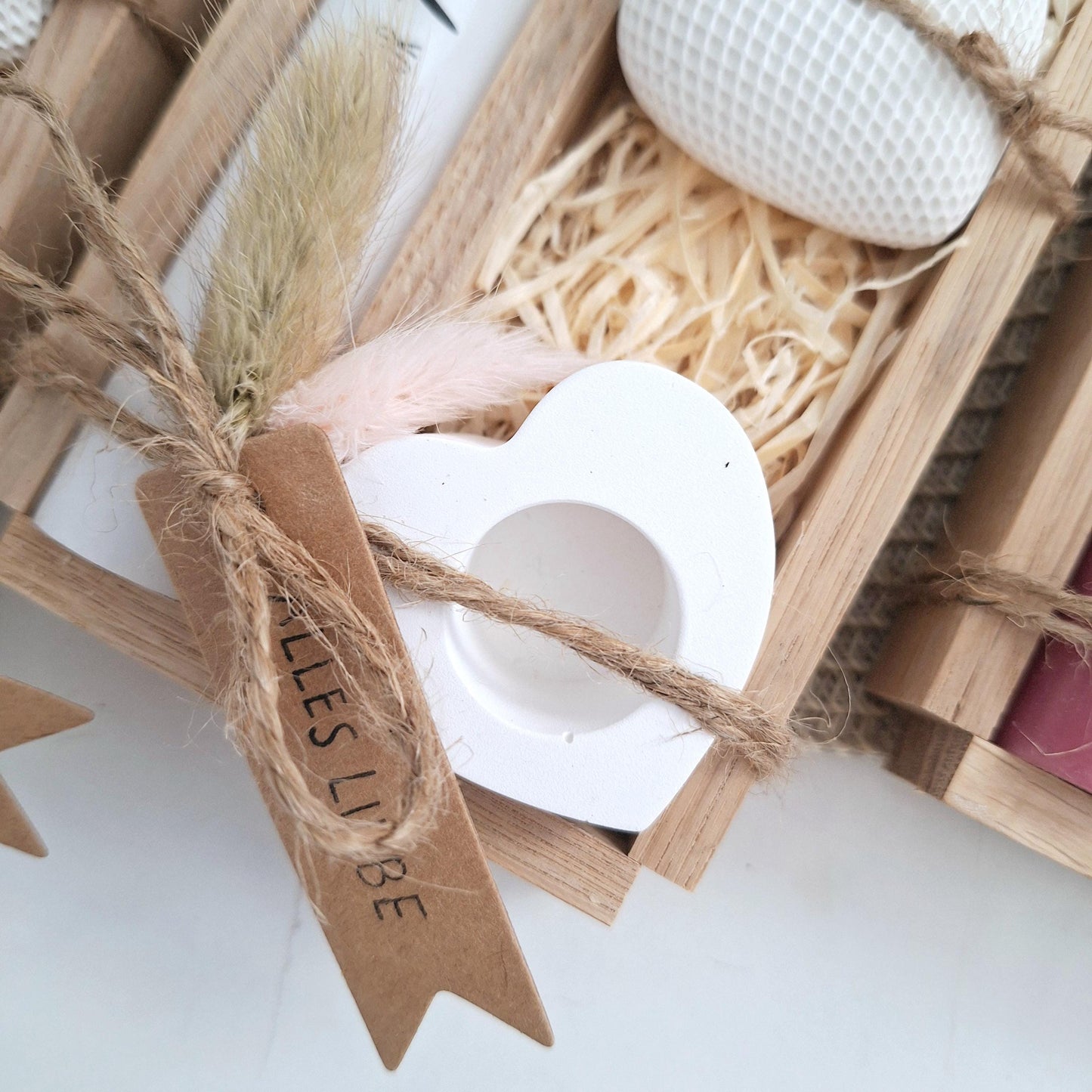 Hochzeit Geschenkset Hochzeitsgeschenk Dekoherz Kerzenhalter Herz Kerzenset Stabkerze Kerzenbox Holzbox Mitbringsel