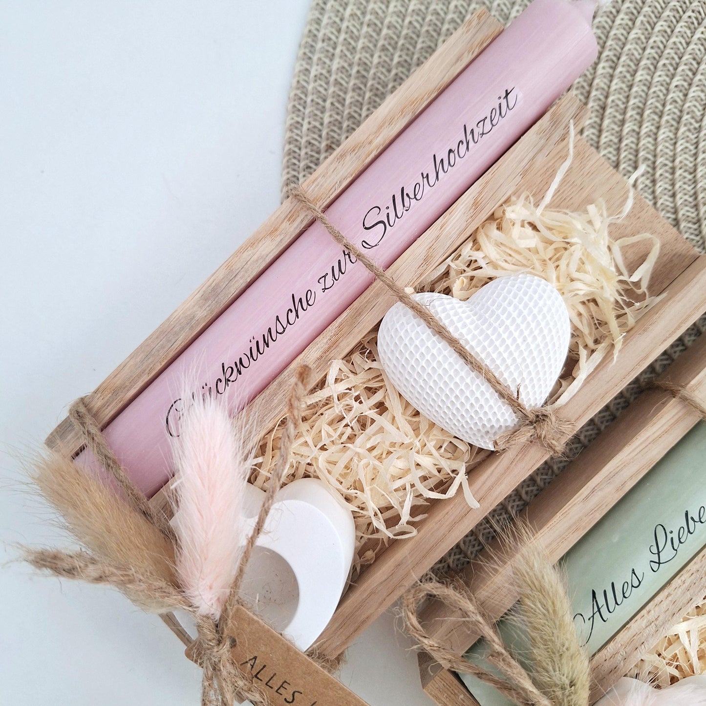 Silberhochzeit Silberhochzeitsgeschenk Dekoherz Kerzenhalter Herz Stabkerze Kerzenbox Holzbox Mitbringsel