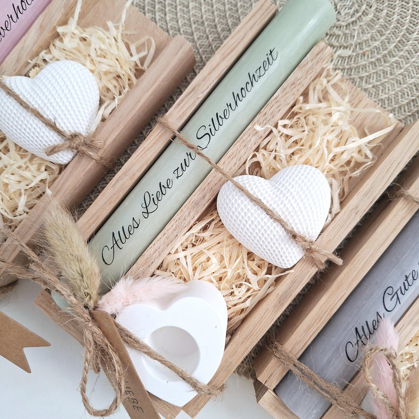 Silberhochzeit Silberhochzeitsgeschenk Dekoherz Kerzenhalter Herz Stabkerze Kerzenbox Holzbox Mitbringsel