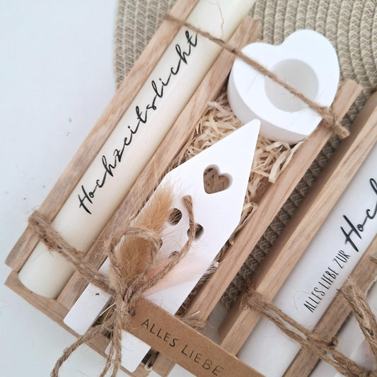 Hochzeit Geschenkset Hochzeitsgeschenk Haus / Lichthaus Kerzenhalter Herz Kerzenset Stabkerze Kerzenbox Holzbox Mitbringsel