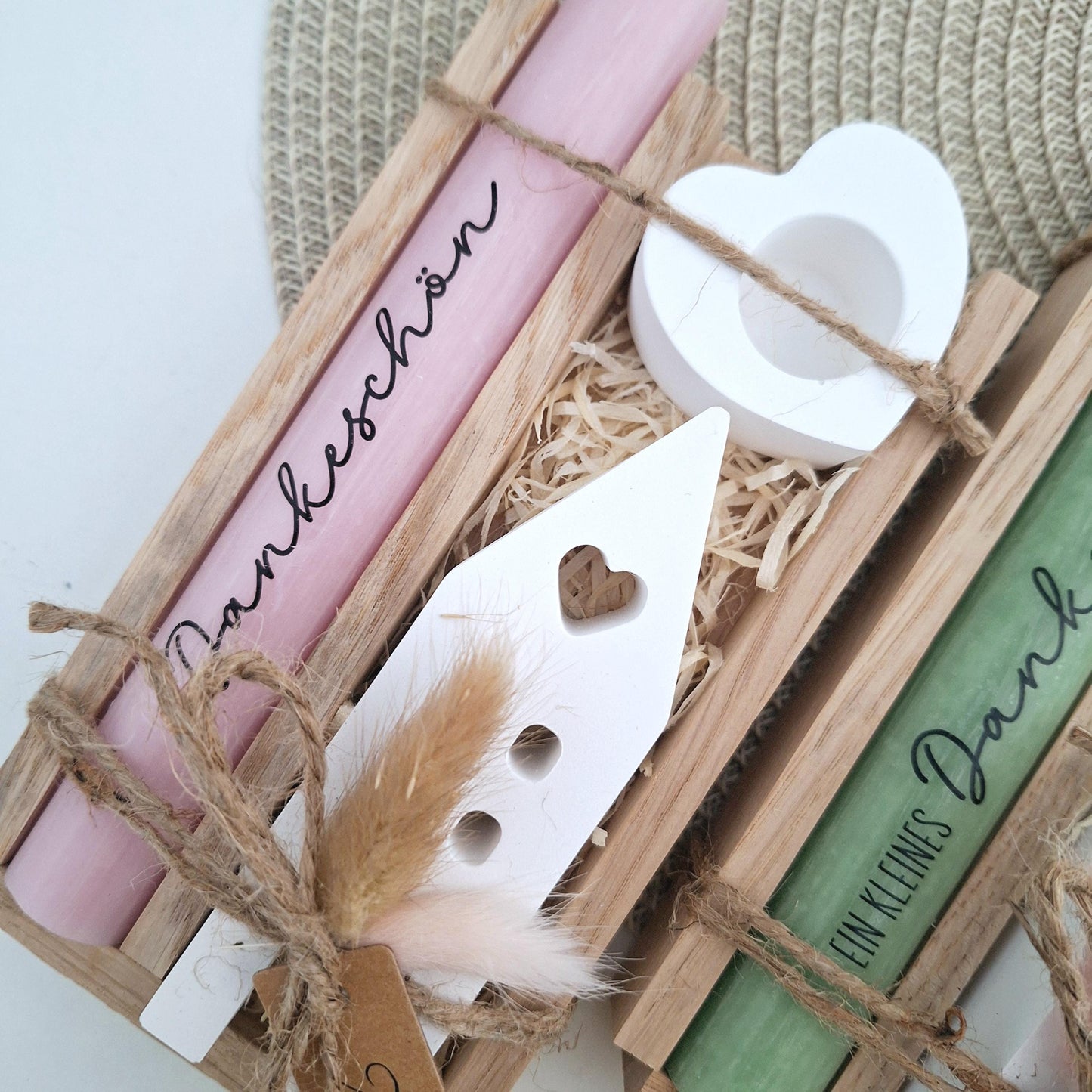 Danke Kerzenset kleines Dankeschön Danke für alles Geschenkset Haus / Lichthaus Kerzenhalter Herz Stabkerze Schriftzug mit Holzbox