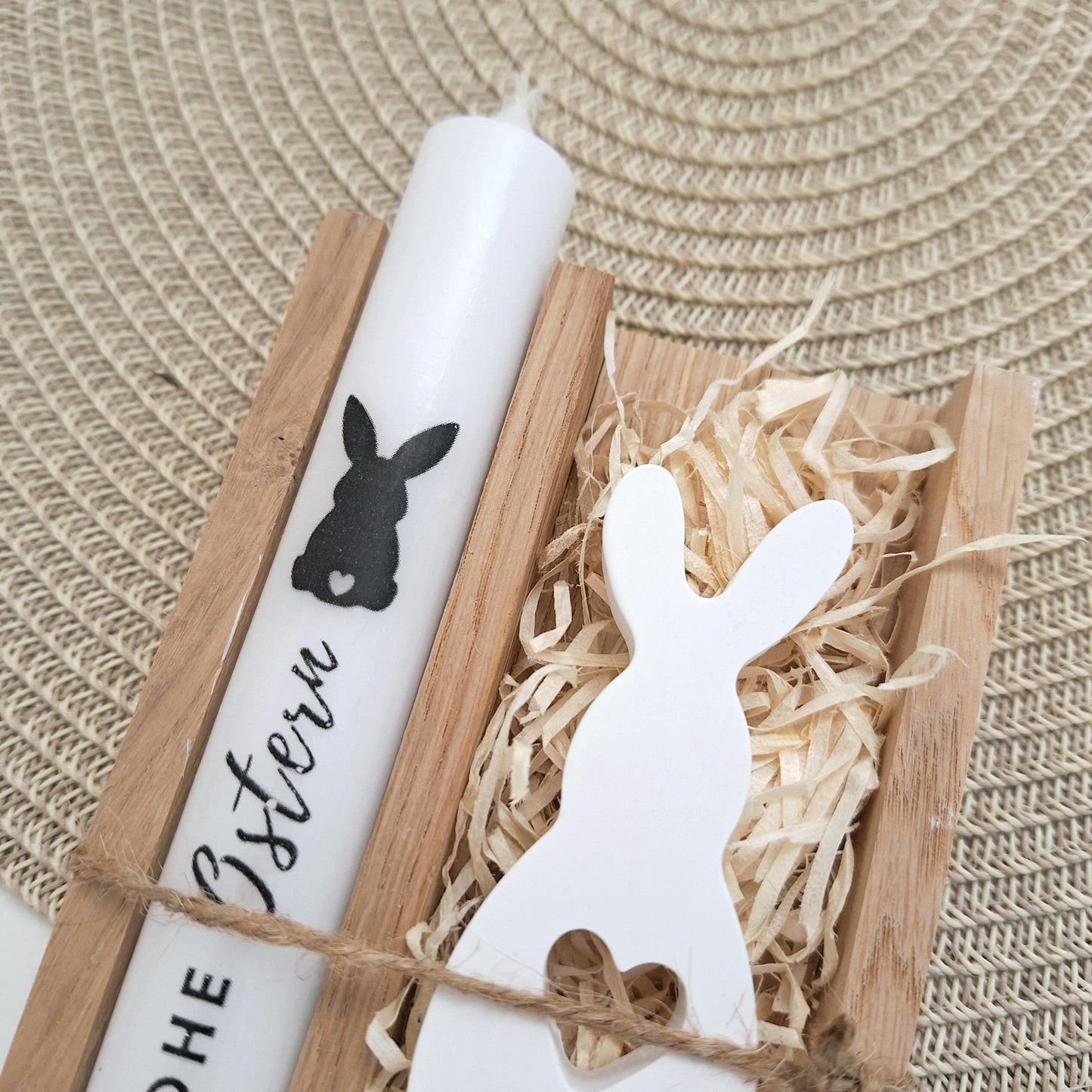 Ostern Geschenkset Ostergeschenk Hase mit Herz klein Kerzenhalter Herz Kerzenset Stabkerze Kerzenbox Holzbox Mitbringsel