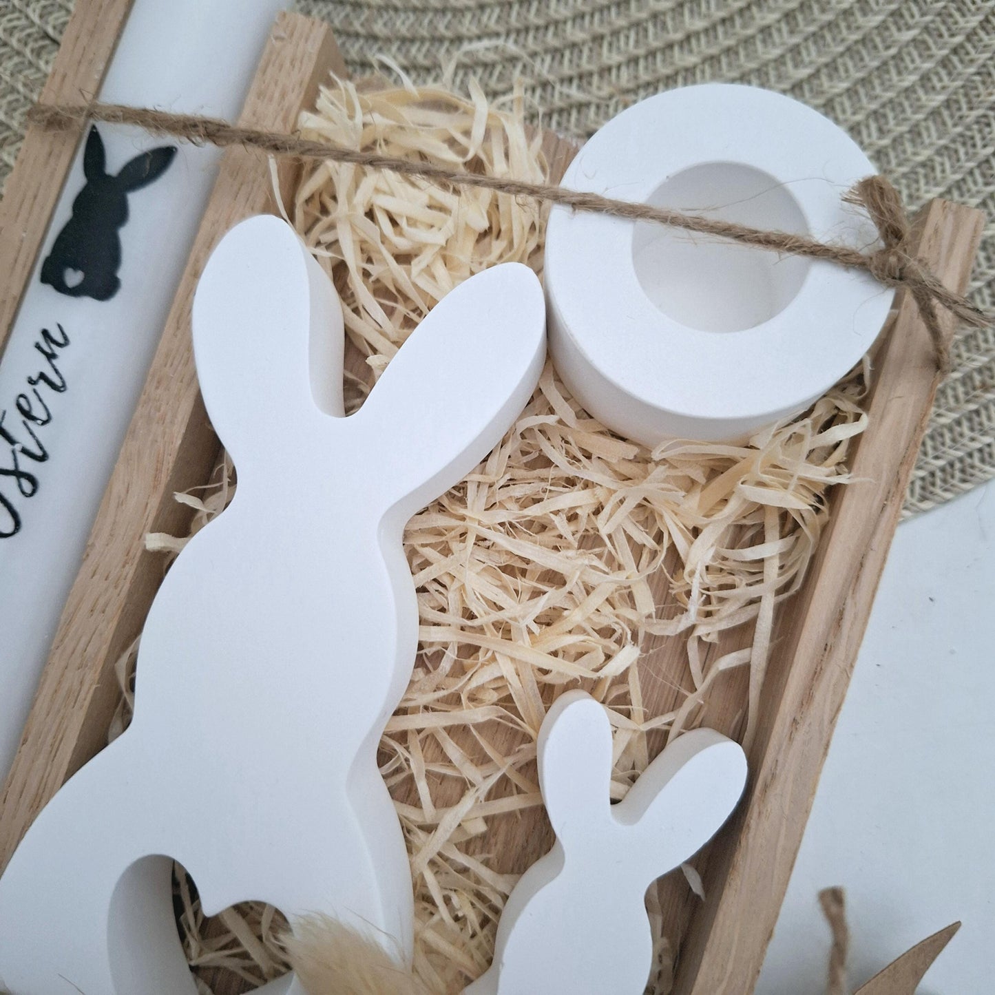 Ostern Geschenkset Ostergeschenk Hase mit Herz groß und klein Kerzenhalter rund Kerzenset Stabkerze Kerzenbox Holzbox Mitbringsel