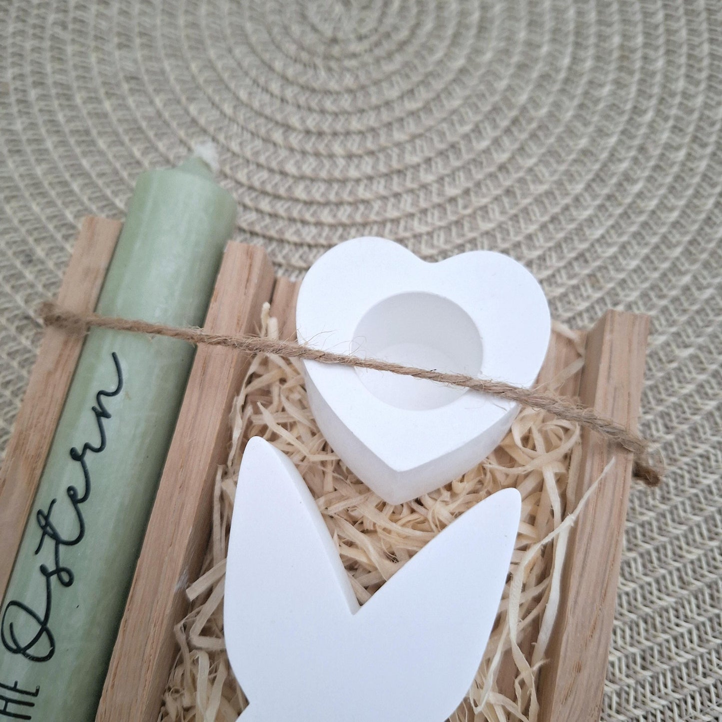 Ostern Geschenkset Ostergeschenk Hasen Silhouette Kerzenhalter Herz Kerzenset Stabkerze Kerzenbox Holzbox Mitbringsel