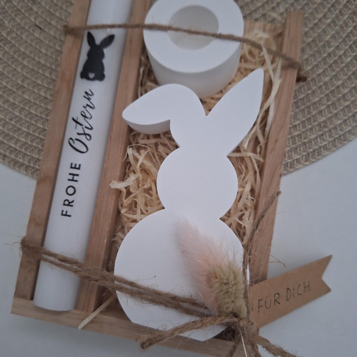 Ostern Geschenkset Ostergeschenk Hase mit Knickohr Kerzenhalter rund Kerzenset Stabkerze Kerzenbox Holzbox Mitbringsel