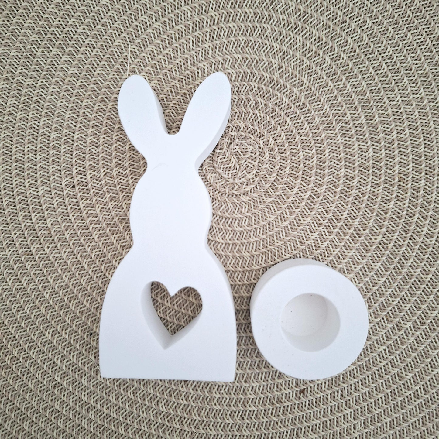 Ostern Geschenkset Ostergeschenk Hase mit Herz groß Kerzenhalter rund Kerzenset Stabkerze Kerzenbox Holzbox Mitbringsel