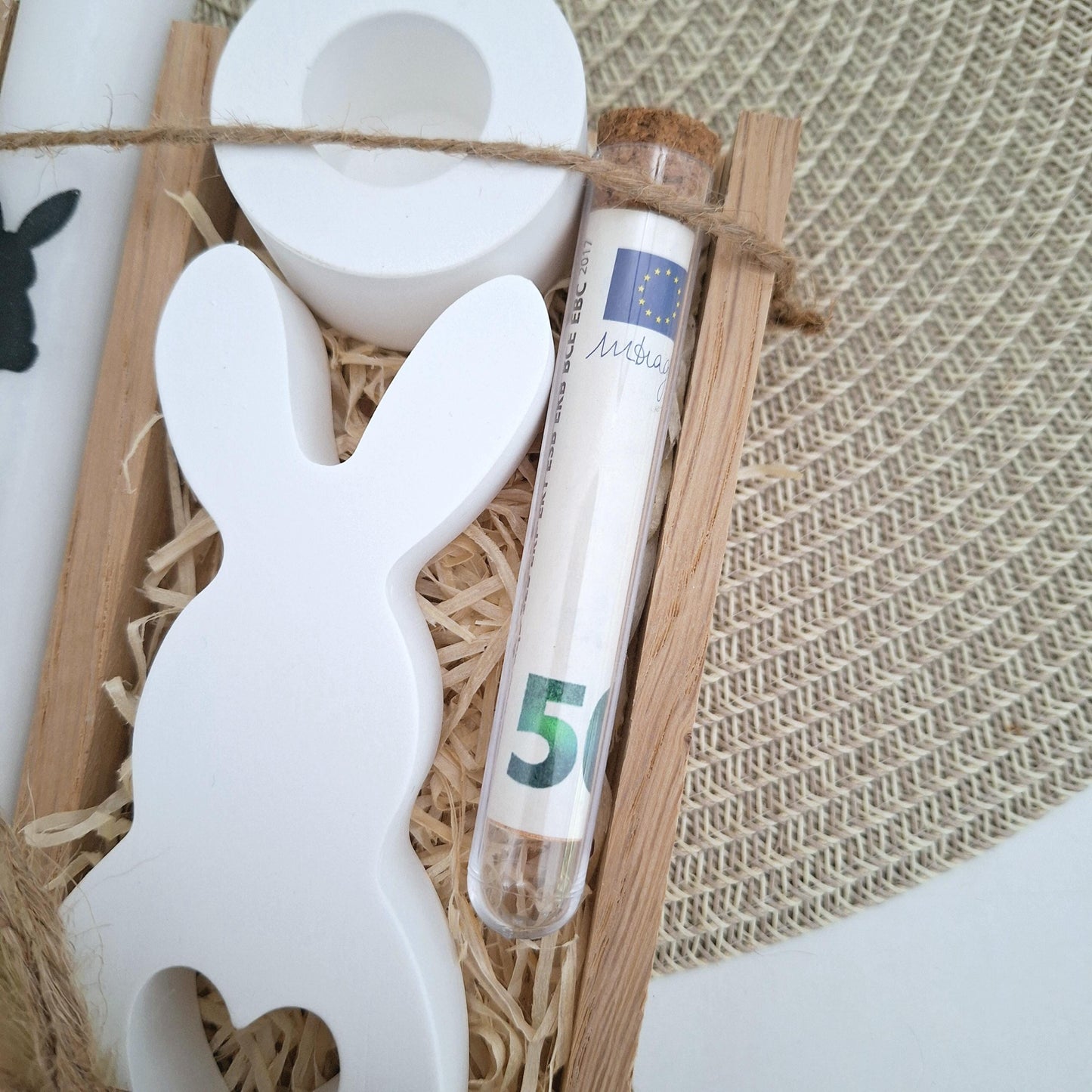 Ostern Geldgeschenk Ostergeschenk Hase mit Herz groß Kerzenhalter rund Geschenkset Gutschein Kerzenset Stabkerze Kerzenbox Mitbringsel