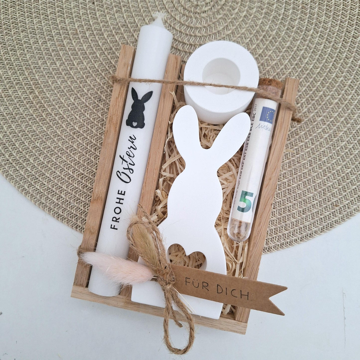 Ostern Geldgeschenk Ostergeschenk Hase mit Herz groß Kerzenhalter rund Geschenkset Gutschein Kerzenset Stabkerze Kerzenbox Mitbringsel