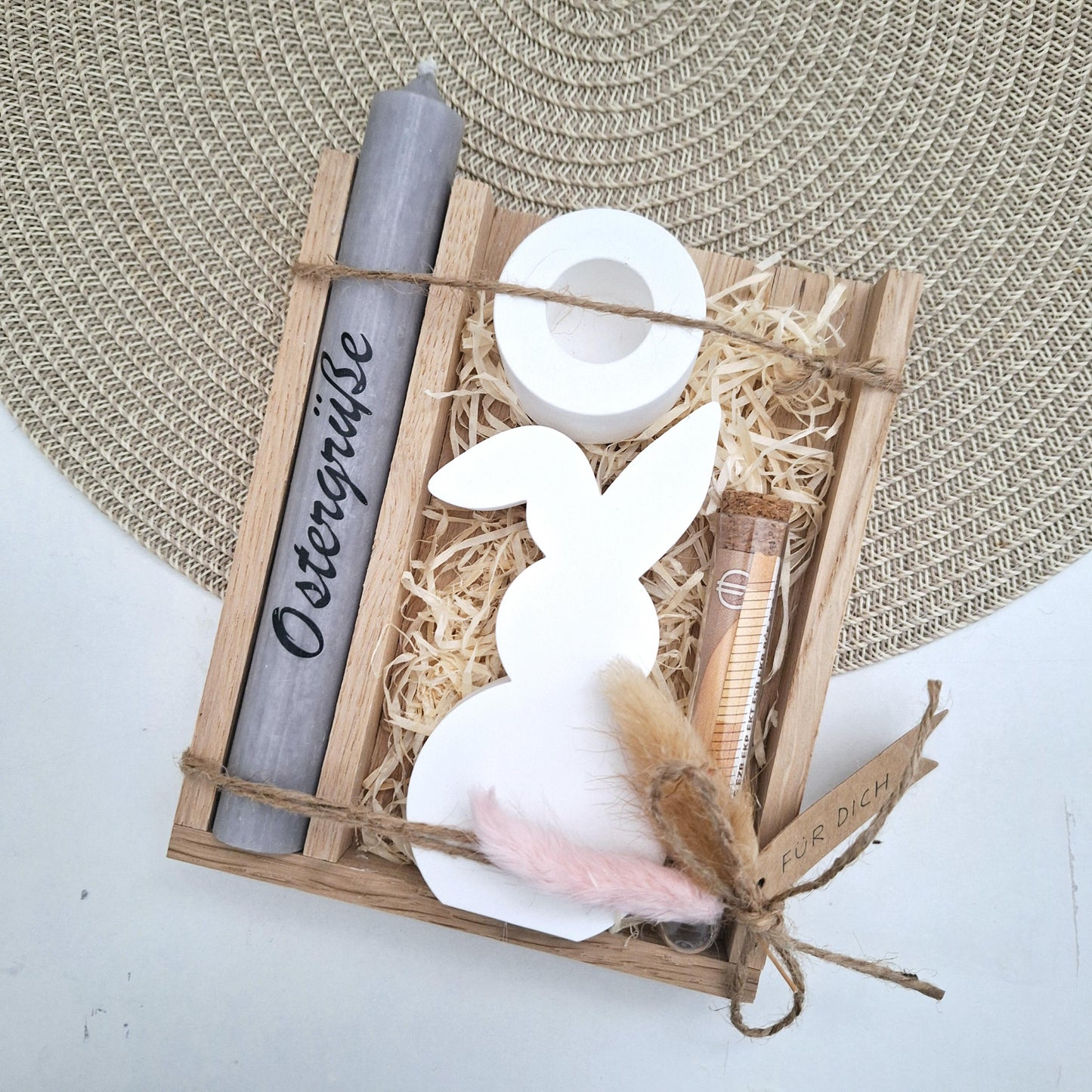 Ostern Geldgeschenk Ostergeschenk Hase mit Knickohr Kerzenhalter rund Geschenkset Gutschein Kerzenset Stabkerze Kerzenbox Mitbringsel
