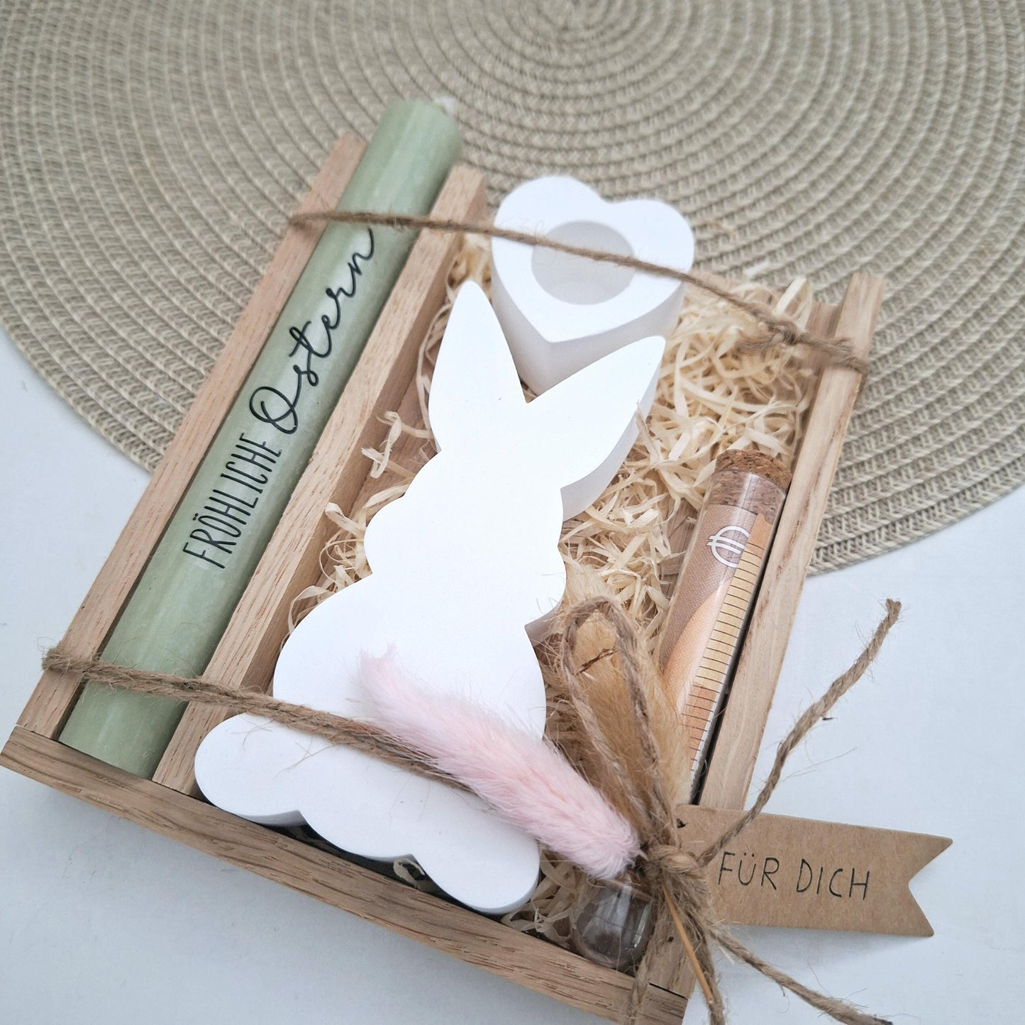 Ostern Geldgeschenk Ostergeschenk Hasen Silhouette Kerzenhalter Herz Geschenkset Gutschein Kerzenset Stabkerze Kerzenbox Mitbringsel