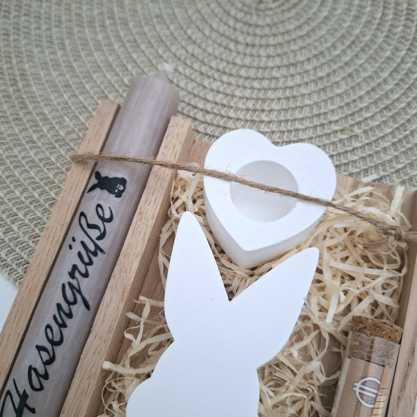Ostern Geldgeschenk Ostergeschenk Hasen Silhouette Kerzenhalter Herz Geschenkset Gutschein Kerzenset Stabkerze Kerzenbox Mitbringsel