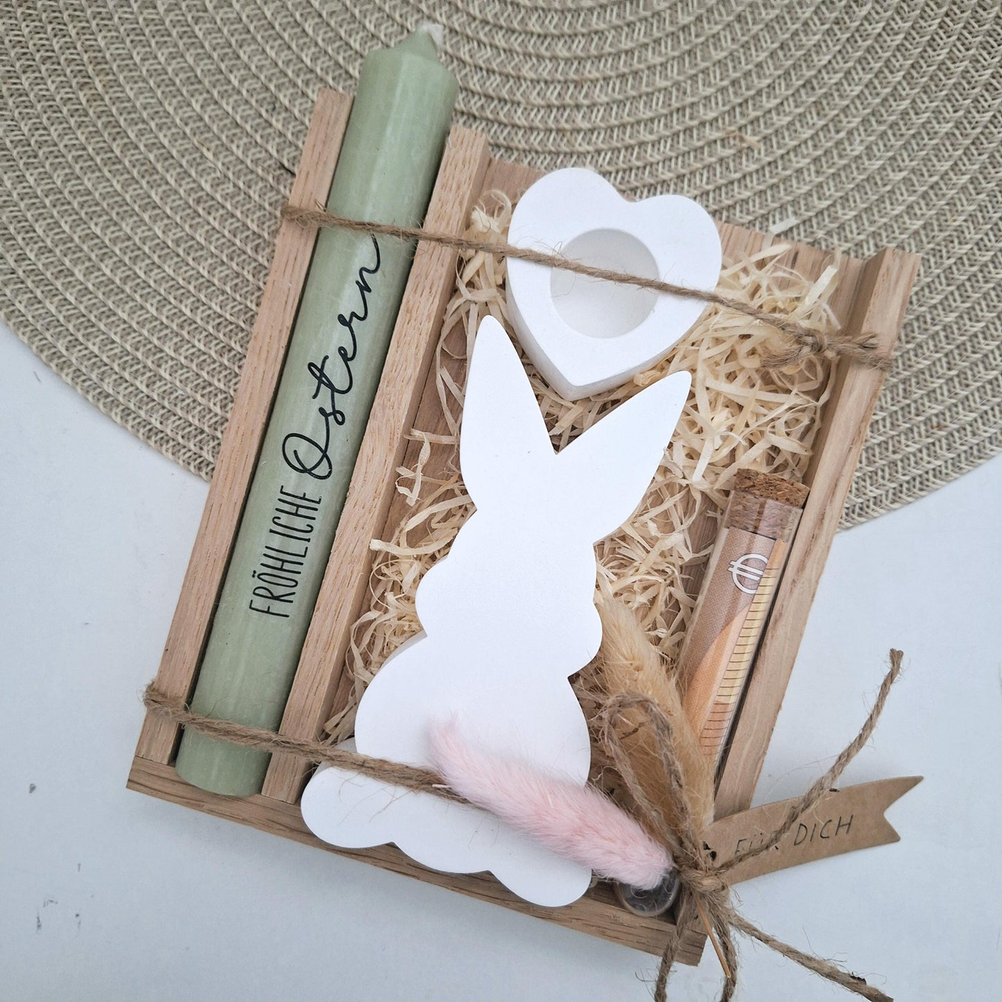 Ostern Geldgeschenk Ostergeschenk Hasen Silhouette Kerzenhalter Herz Geschenkset Gutschein Kerzenset Stabkerze Kerzenbox Mitbringsel