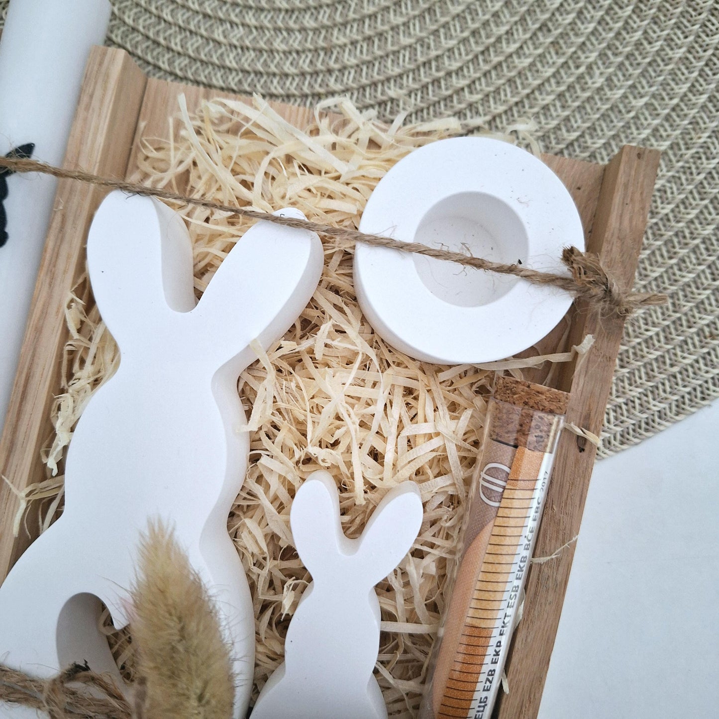 Ostern Geldgeschenk Ostergeschenk Hase mit Herz groß und klein Kerzenhalter rund Geschenkset Gutschein Kerzenset Stabkerze Kerzenbox