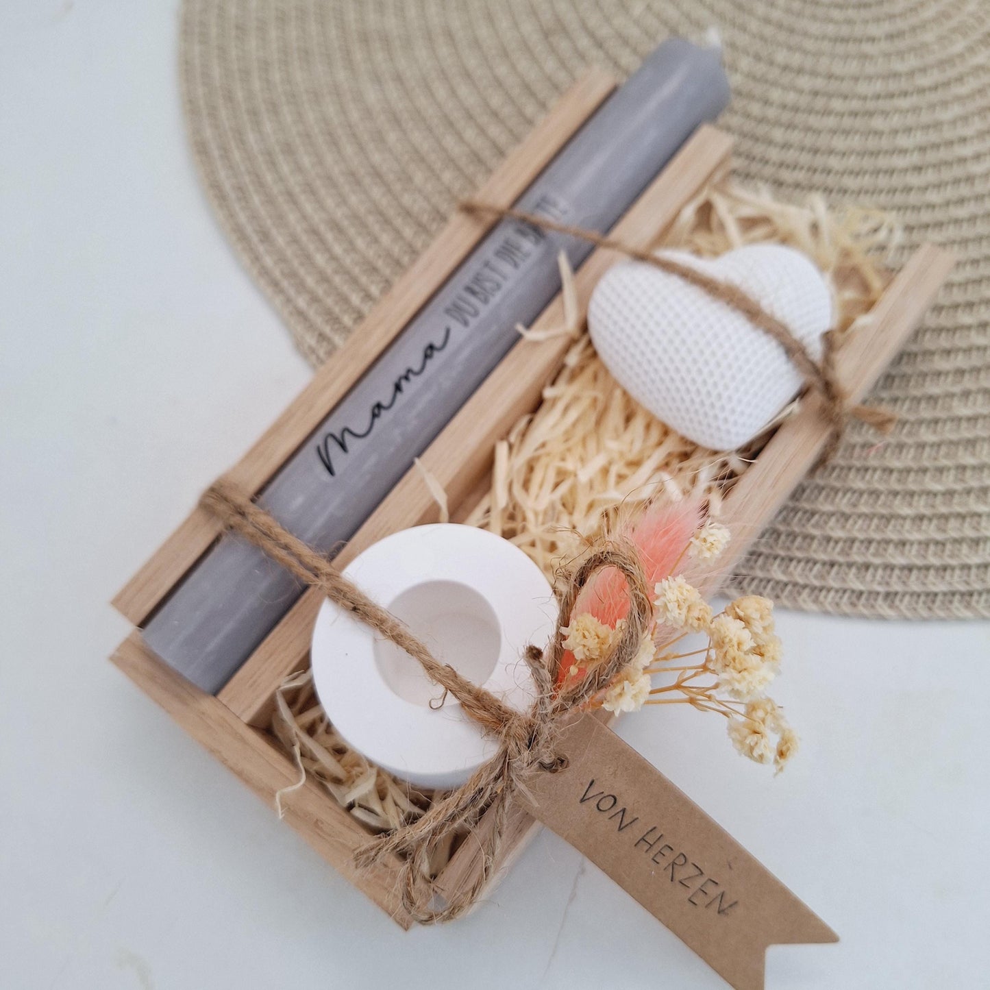 Muttertag Muttertagsgeschenk Dekoherz Kerzenhalter rund Kerzenset für Mama Geschenkset Stabkerze Kerzenbox Holzbox Mitbringsel