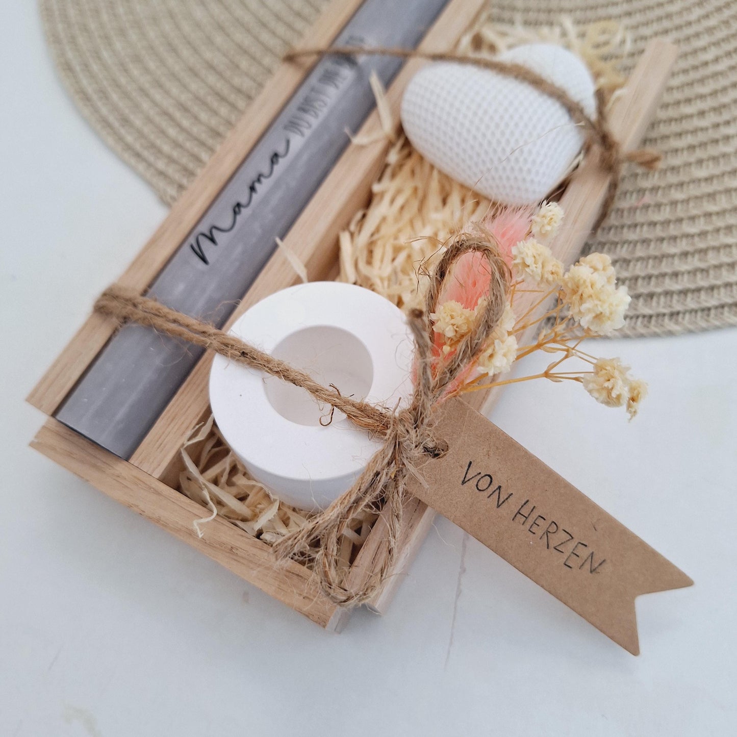 Muttertag Muttertagsgeschenk Dekoherz Kerzenhalter rund Kerzenset für Mama Geschenkset Stabkerze Kerzenbox Holzbox Mitbringsel