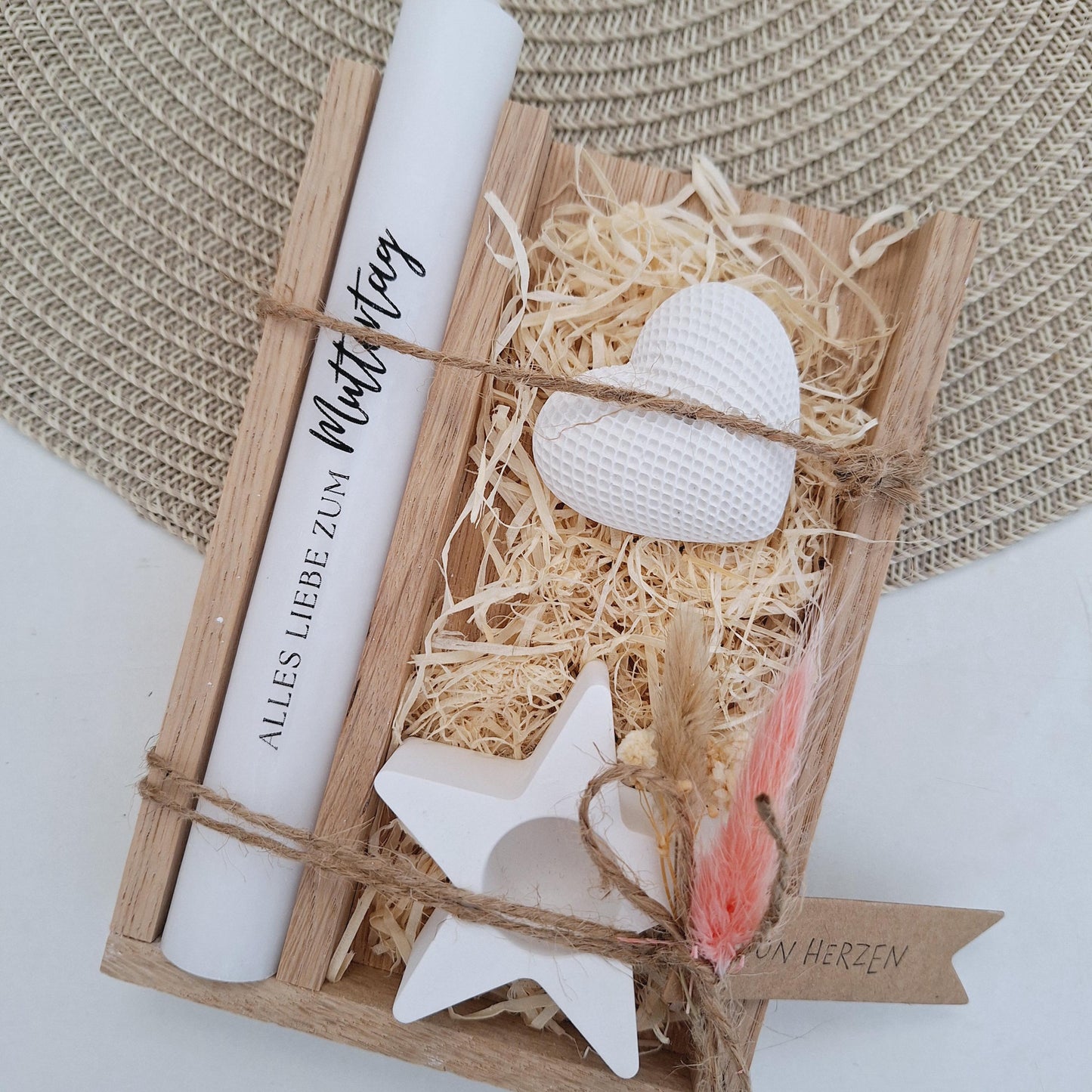 Muttertag Muttertagsgeschenk Dekoherz Kerzenhalter Stern Kerzenset für Mama Geschenkset Stabkerze Kerzenbox Holzbox Mitbringsel