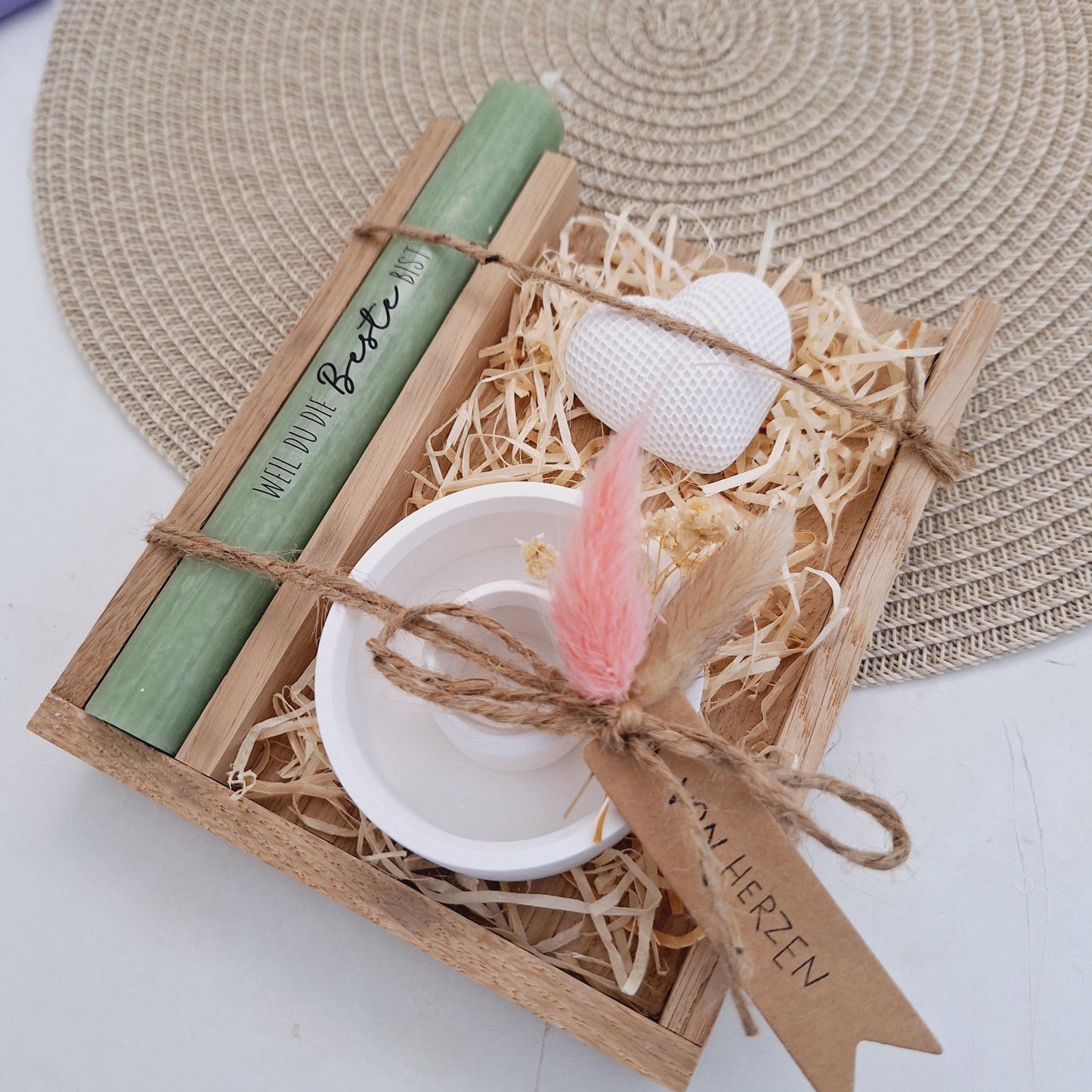 Muttertag Muttertagsgeschenk Dekoherz Kerzenteller rund Kerzenset für Mama Geschenkset Stabkerze Kerzenbox Holzbox Mitbringsel