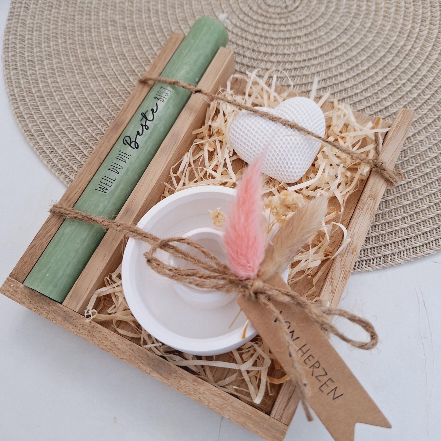 Muttertag Muttertagsgeschenk Dekoherz Kerzenteller rund Kerzenset für Mama Geschenkset Stabkerze Kerzenbox Holzbox Mitbringsel
