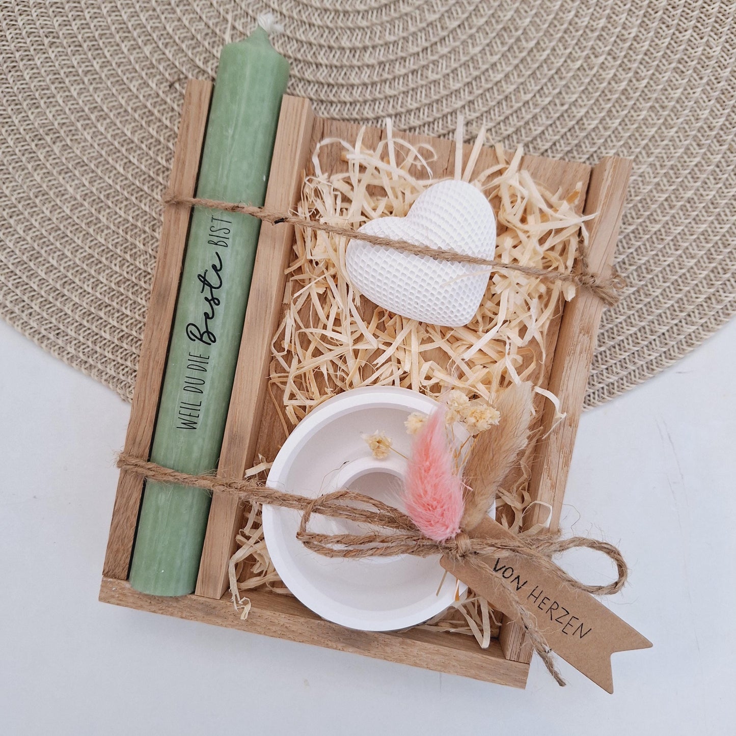 Muttertag Muttertagsgeschenk Dekoherz Kerzenteller rund Kerzenset für Mama Geschenkset Stabkerze Kerzenbox Holzbox Mitbringsel