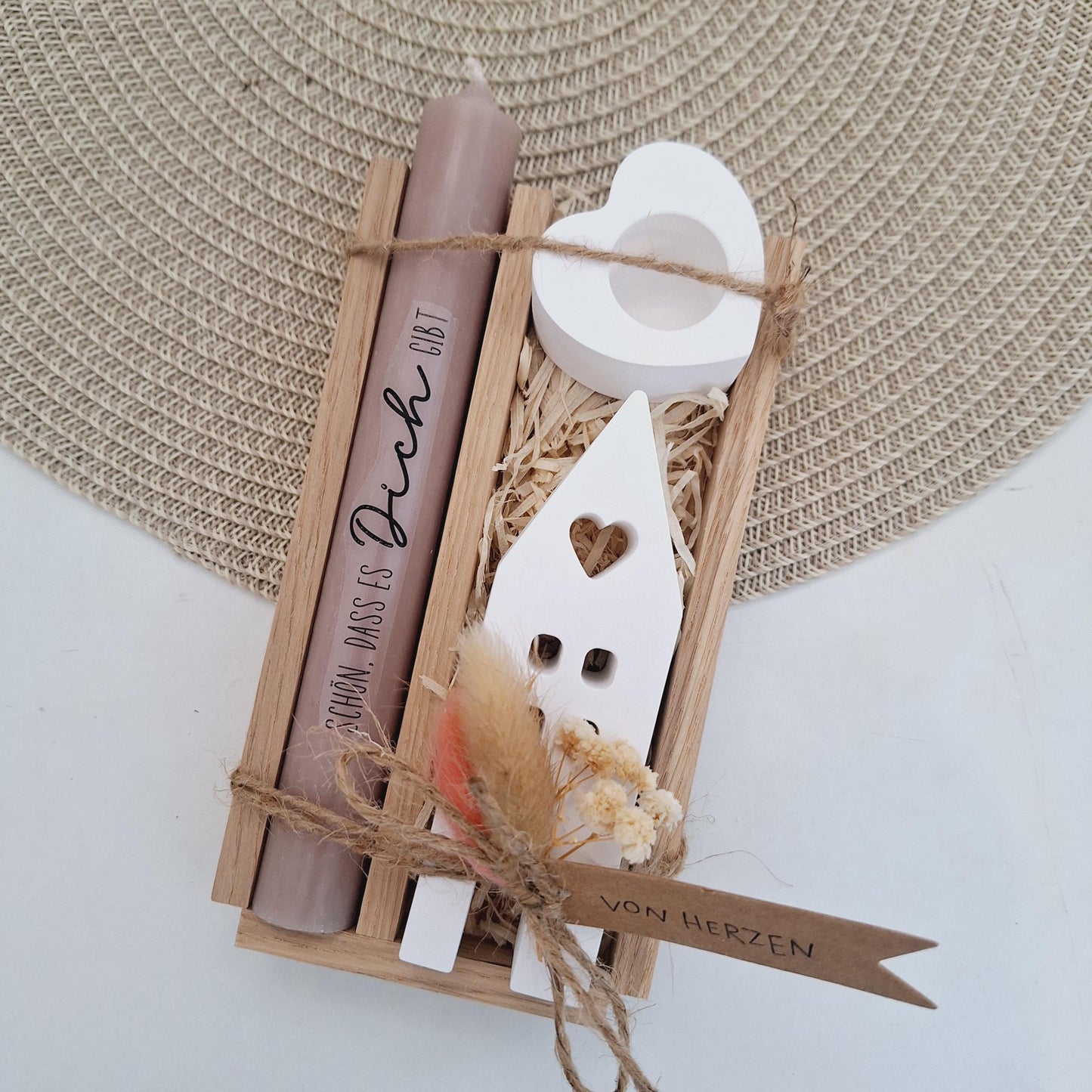 Muttertag Muttertagsgeschenk Haus / Lichthaus Kerzenhalter Herz Kerzenset für Mama Geschenkset Stabkerze Kerzenbox Holzbox Mitbringsel