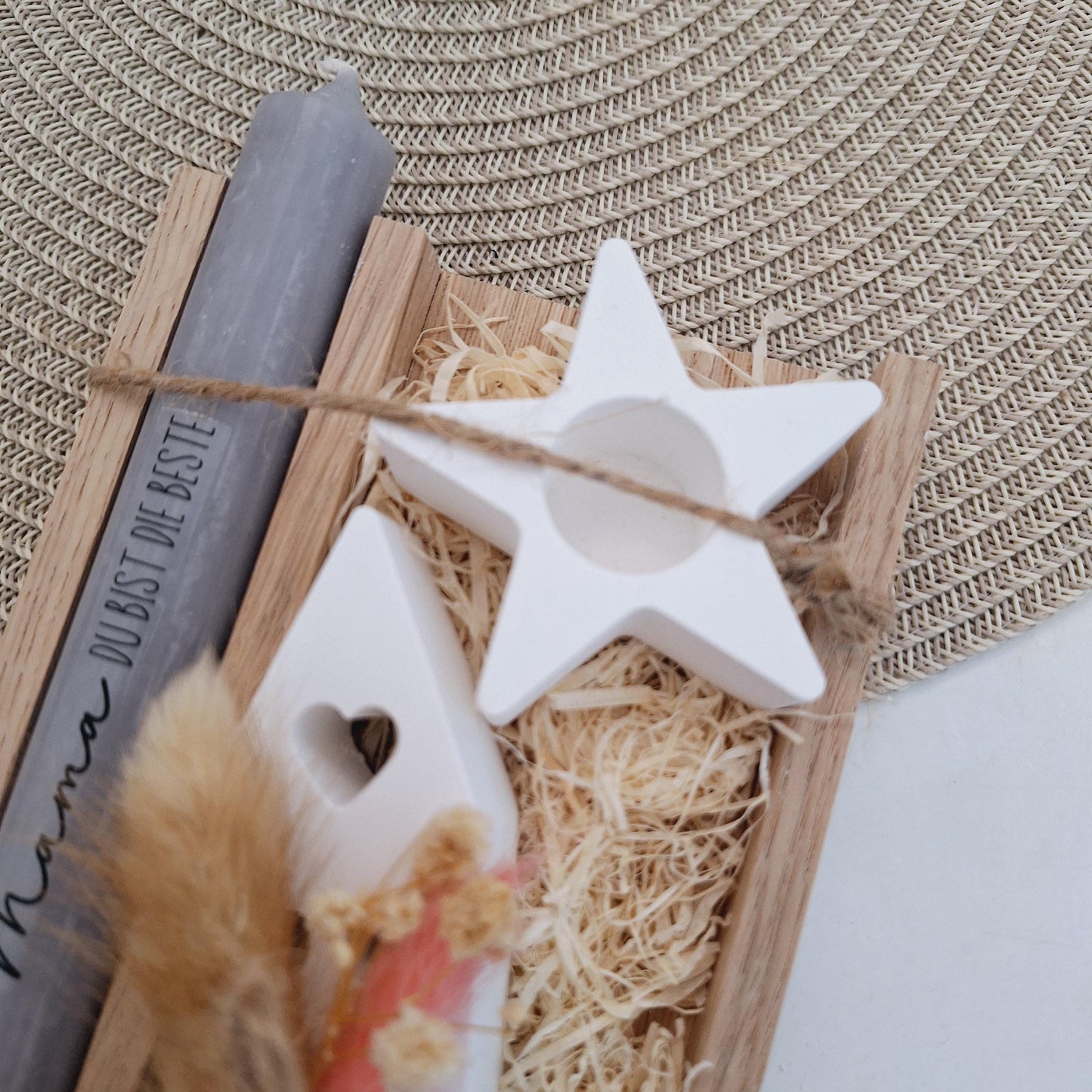 Muttertag Muttertagsgeschenk Haus / Lichthaus Kerzenhalter Stern Kerzenset für Mama Geschenkset Stabkerze Kerzenbox Holzbox Mitbringsel