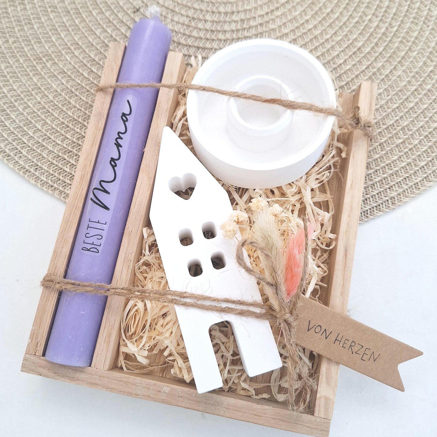 Muttertag Muttertagsgeschenk Haus / Lichthaus Kerzenteller rund Kerzenset für Mama Geschenkset Stabkerze Kerzenbox Holzbox Mitbringsel