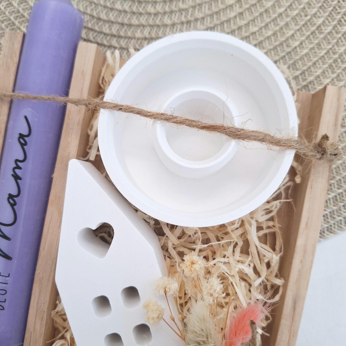 Muttertag Muttertagsgeschenk Haus / Lichthaus Kerzenteller rund Kerzenset für Mama Geschenkset Stabkerze Kerzenbox Holzbox Mitbringsel