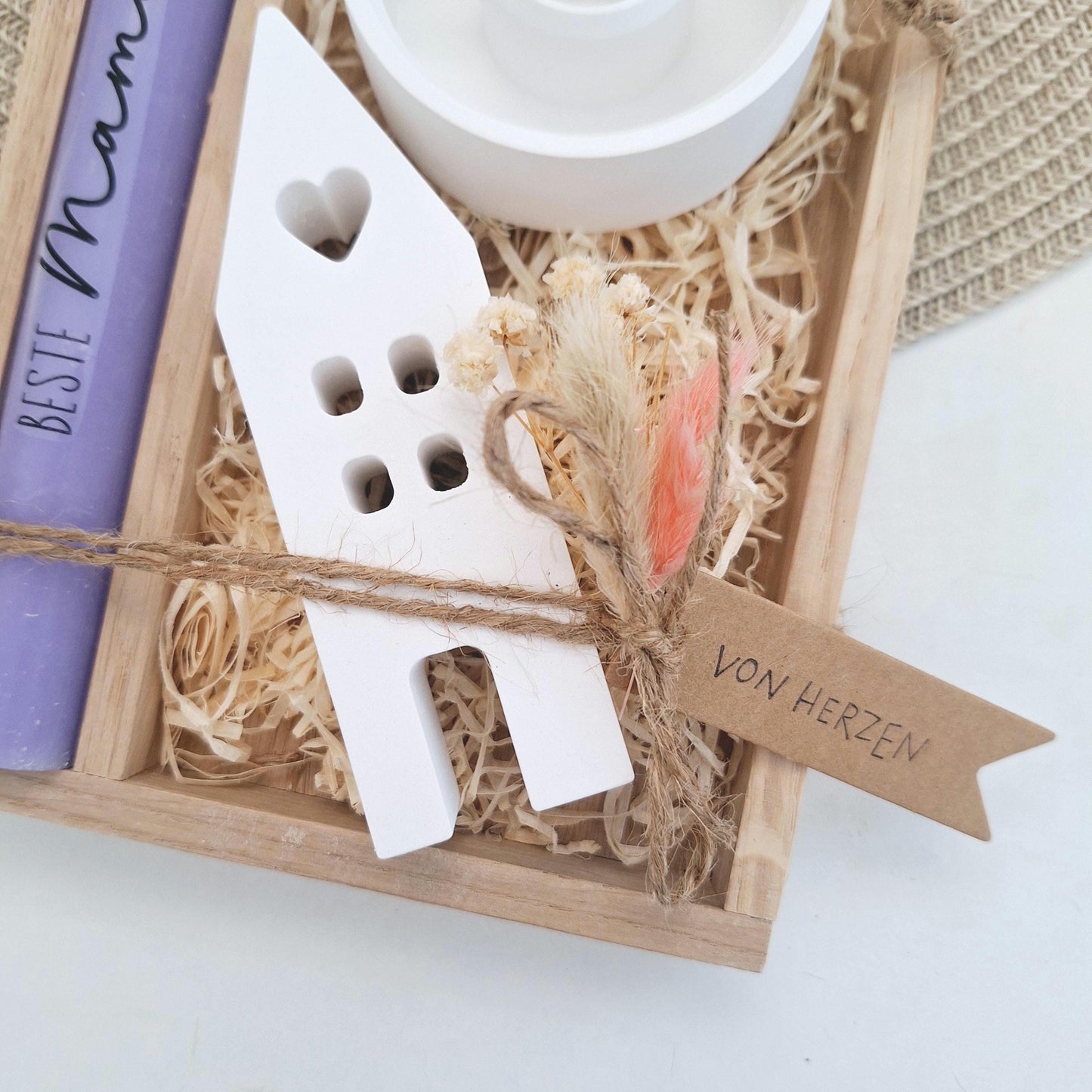 Muttertag Muttertagsgeschenk Haus / Lichthaus Kerzenteller rund Kerzenset für Mama Geschenkset Stabkerze Kerzenbox Holzbox Mitbringsel