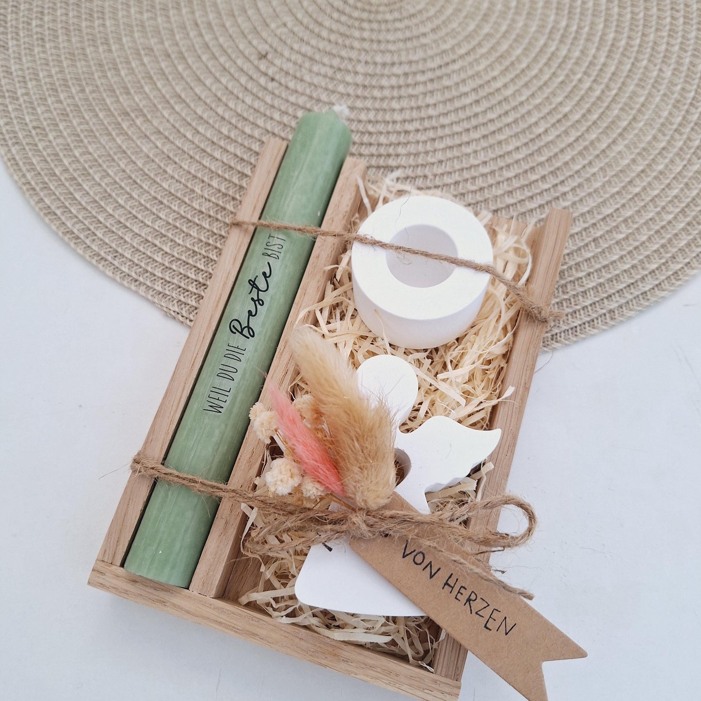 Muttertag Muttertagsgeschenk Engel mit Herz Kerzenhalter rund Kerzenset für Mama Geschenkset Stabkerze Kerzenbox Holzbox Mitbringsel