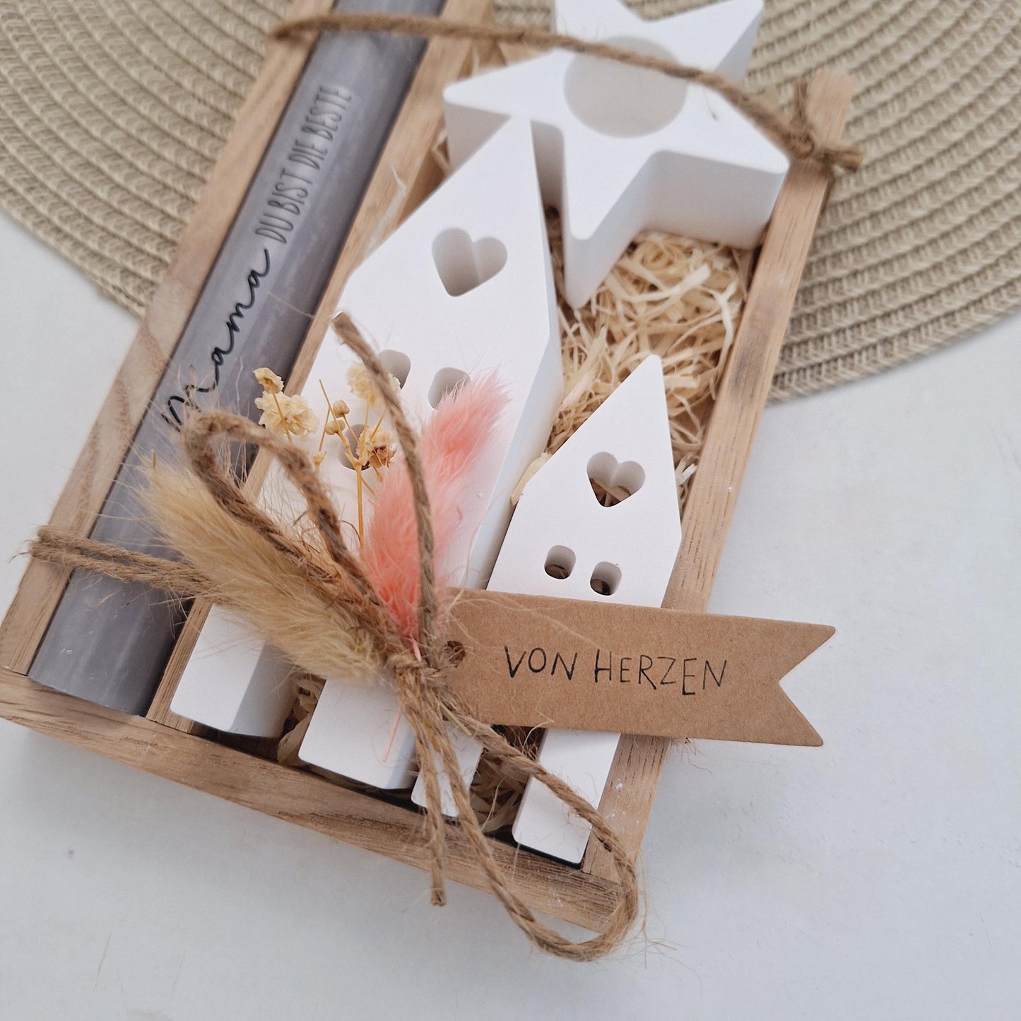 Muttertag Muttertagsgeschenk Häuser / Lichthäuser Kerzenhalter Stern Kerzenset für Mama Geschenkset Stabkerze Kerzenbox Holzbox Mitbringsel