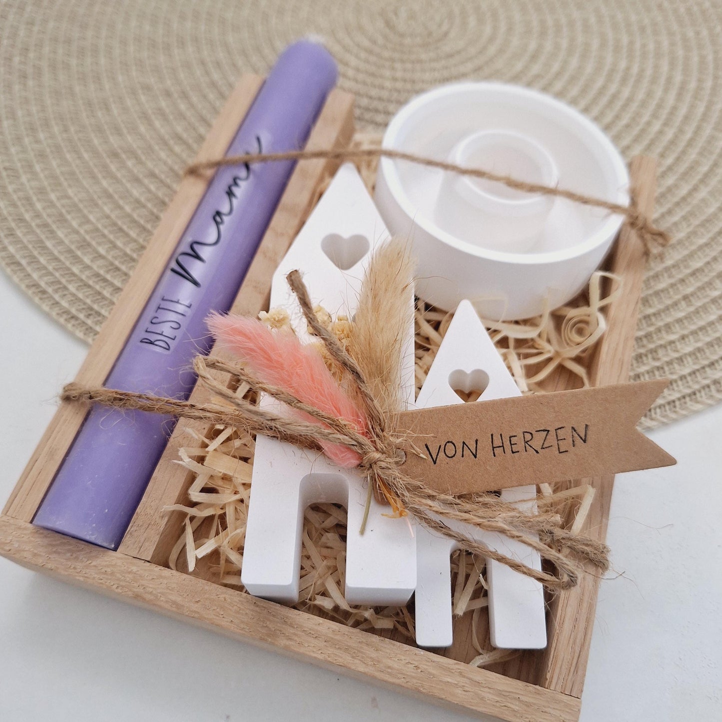 Muttertag Muttertagsgeschenk Häuser / Lichthäuser Kerzenteller rund Kerzenset für Mama Geschenkset Stabkerze Kerzenbox Holzbox Mitbringsel