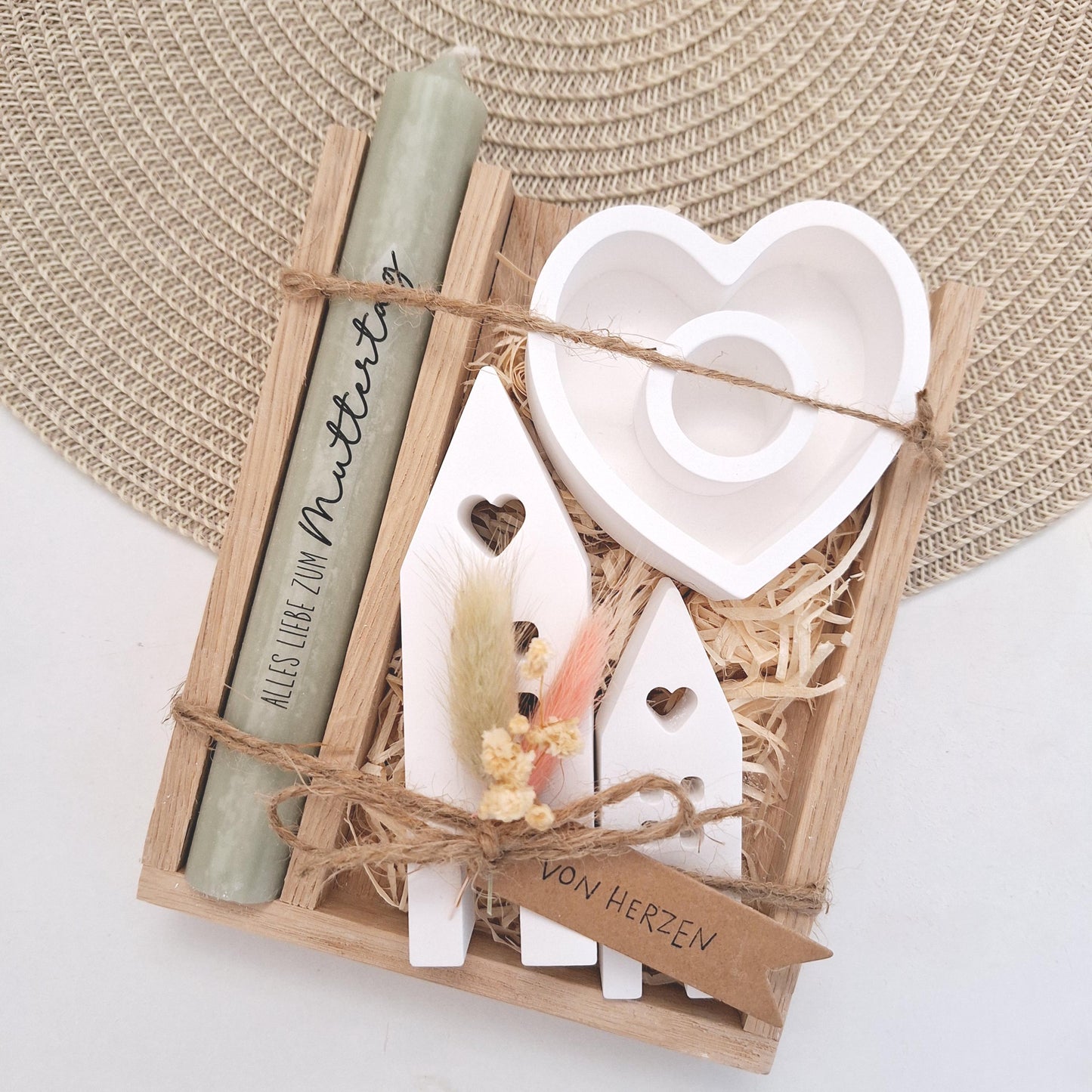 Muttertag Muttertagsgeschenk Häuser / Lichthäuser Kerzenteller Herz Kerzenset für Mama Geschenkset Stabkerze Kerzenbox Holzbox Mitbringsel