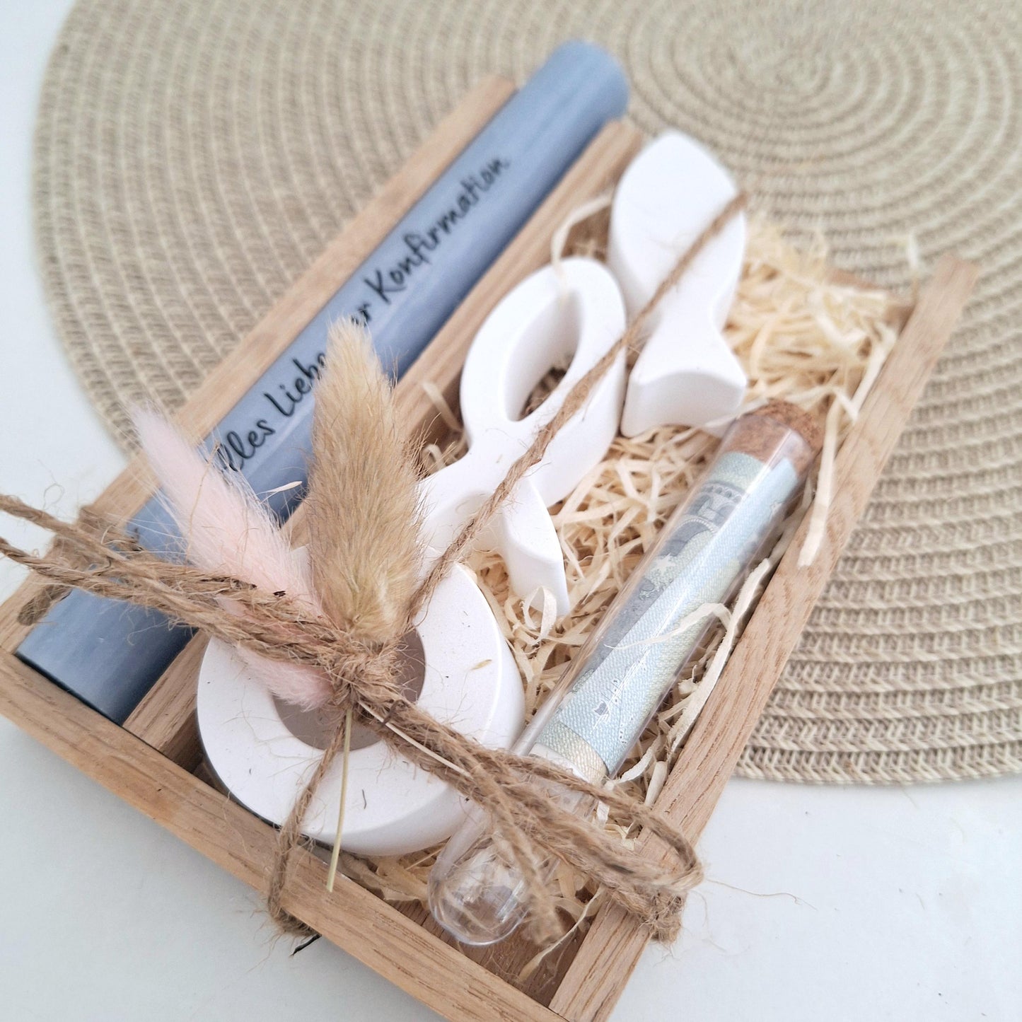 Konfirmation Geldgeschenk Konfirmationsgeschenk Geschenkset zwei Fische Kerzenhalter rund Reagenzglas Jungen Mädchen Konfirmationskerze