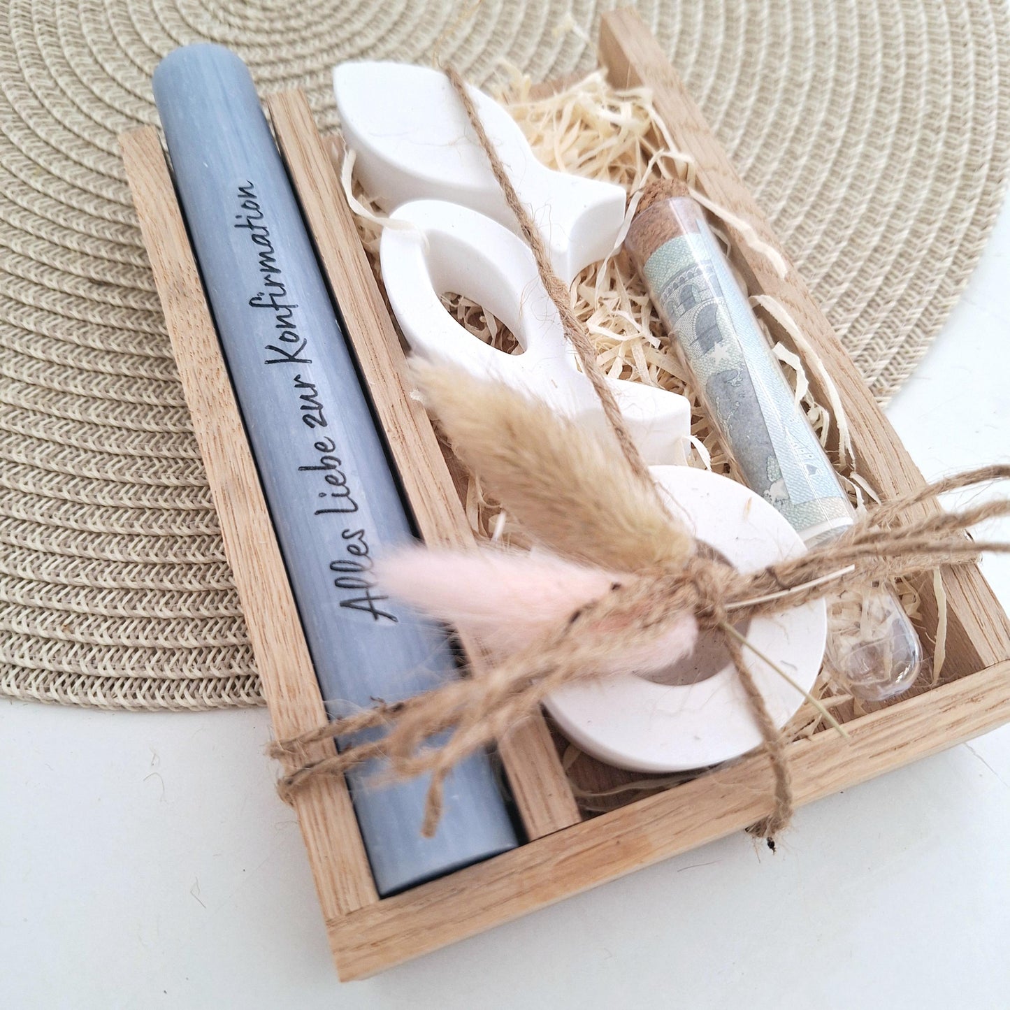 Konfirmation Geldgeschenk Konfirmationsgeschenk Geschenkset zwei Fische Kerzenhalter rund Reagenzglas Jungen Mädchen Konfirmationskerze