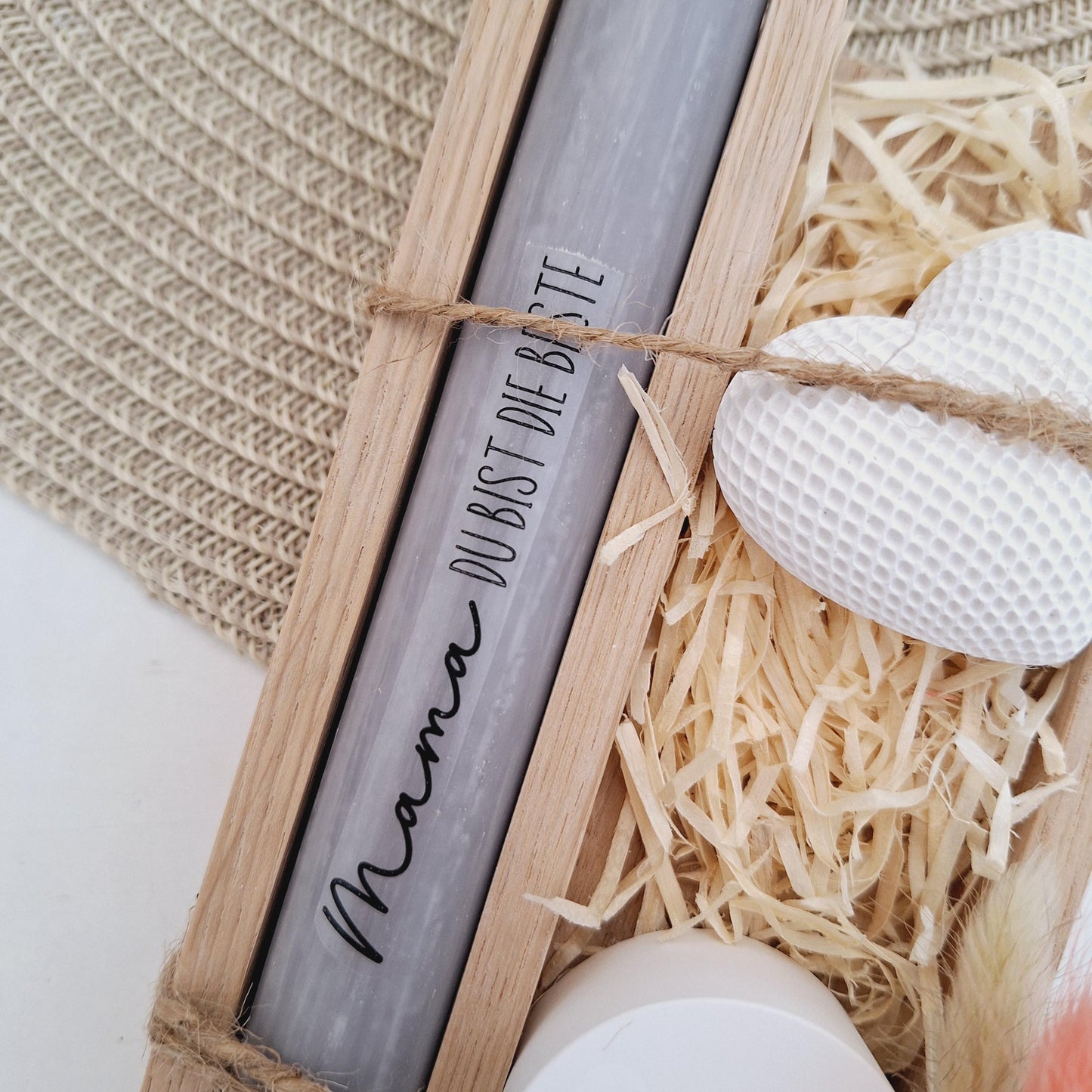 Muttertag Muttertagsgeschenk Dekoherz Kerzenhalter rund Kerzenset für Mama Geschenkset Stabkerze Kerzenbox Holzbox Mitbringsel