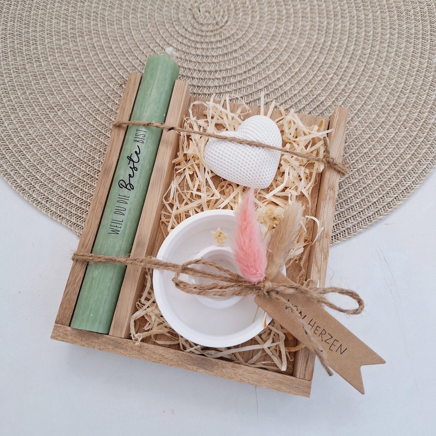 Muttertag Muttertagsgeschenk Dekoherz Kerzenteller rund Kerzenset für Mama Geschenkset Stabkerze Kerzenbox Holzbox Mitbringsel