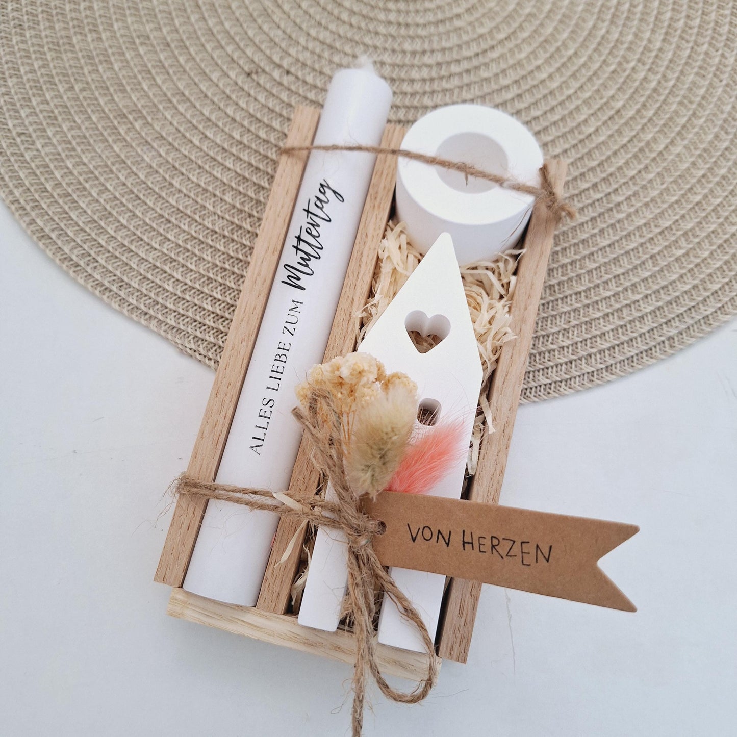 Muttertag Muttertagsgeschenk Haus / Lichthaus Kerzenhalter rund Kerzenset für Mama Geschenkset Stabkerze Kerzenbox Holzbox Mitbringsel