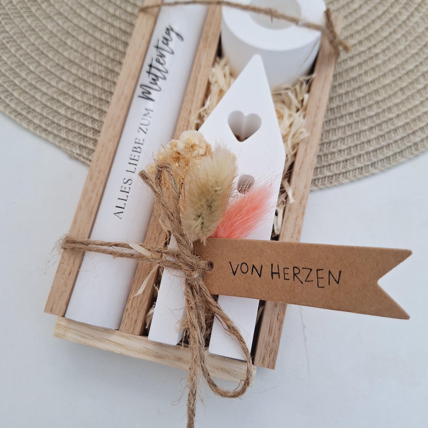 Muttertag Muttertagsgeschenk Haus / Lichthaus Kerzenhalter rund Kerzenset für Mama Geschenkset Stabkerze Kerzenbox Holzbox Mitbringsel