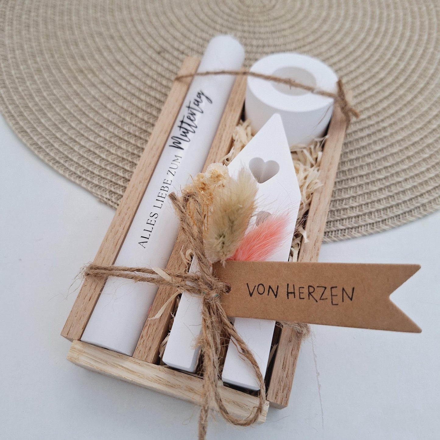 Muttertag Muttertagsgeschenk Haus / Lichthaus Kerzenhalter rund Kerzenset für Mama Geschenkset Stabkerze Kerzenbox Holzbox Mitbringsel