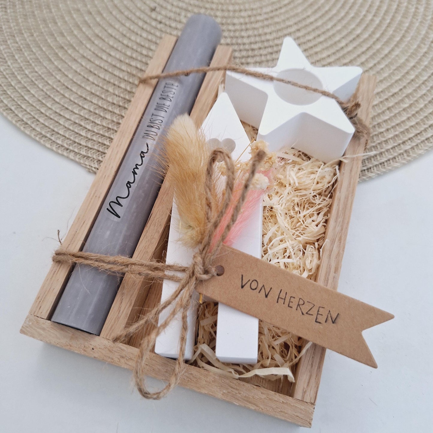Muttertag Muttertagsgeschenk Haus / Lichthaus Kerzenhalter Stern Kerzenset für Mama Geschenkset Stabkerze Kerzenbox Holzbox Mitbringsel