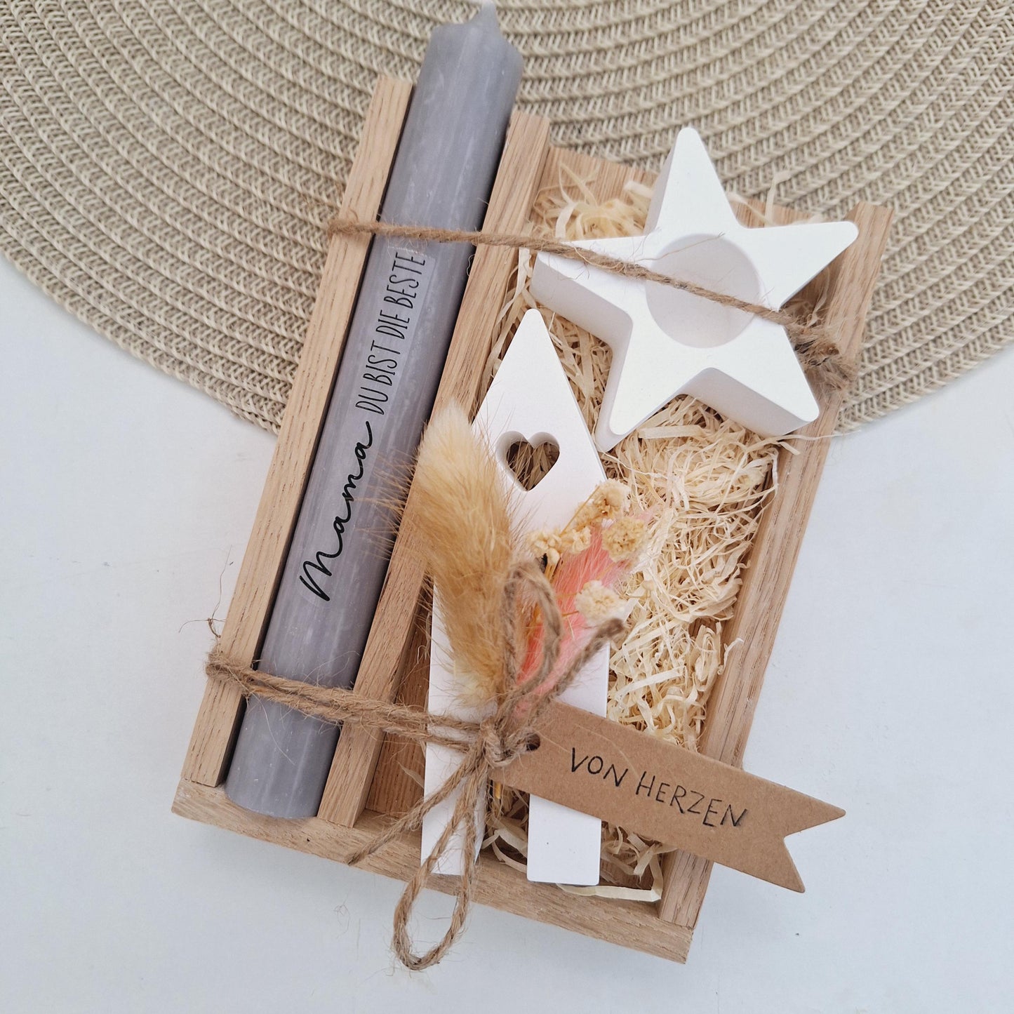 Muttertag Muttertagsgeschenk Haus / Lichthaus Kerzenhalter Stern Kerzenset für Mama Geschenkset Stabkerze Kerzenbox Holzbox Mitbringsel